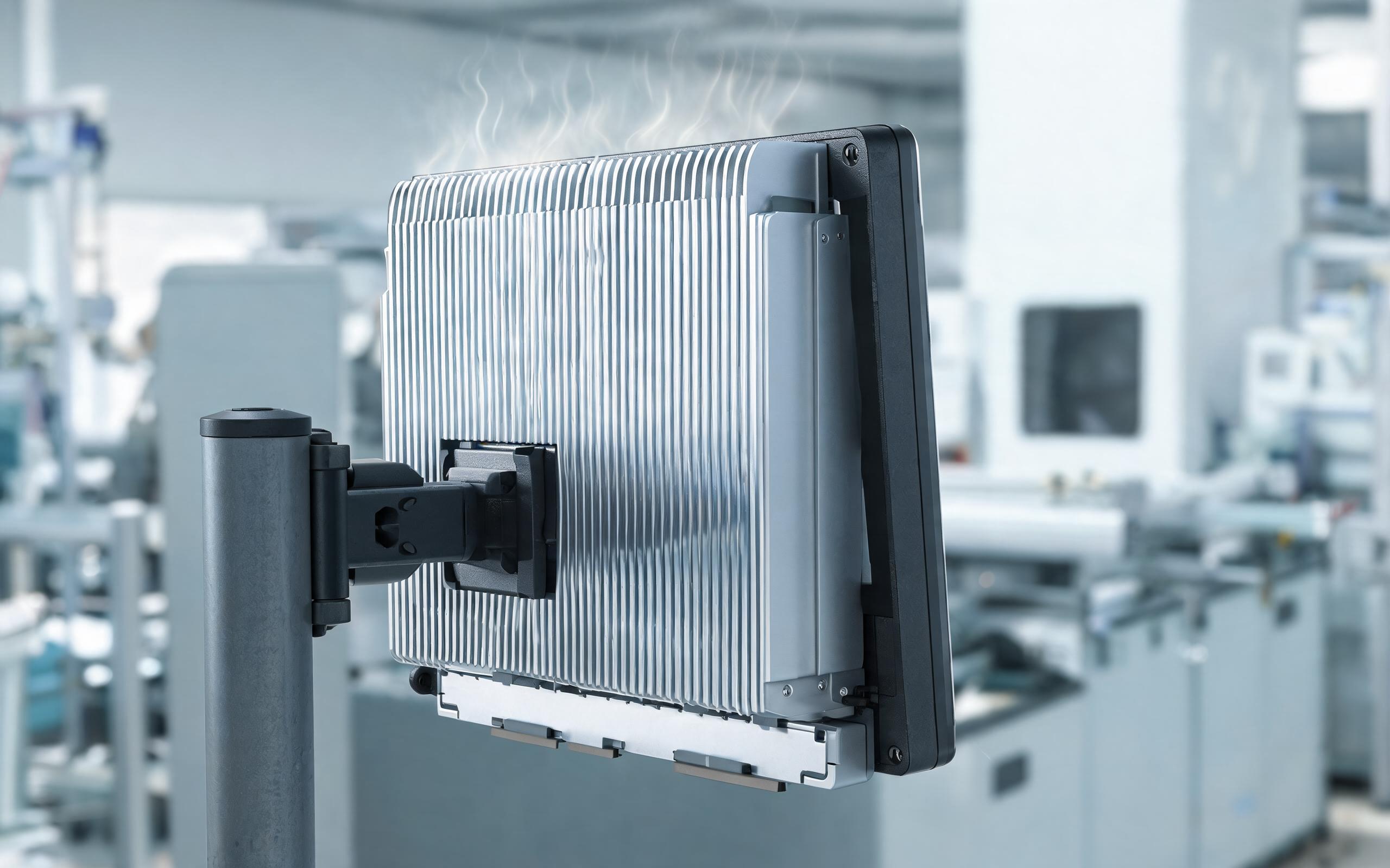 Rear Extruded Fin Stack for Passive Cooling rear extruded aluminum fin stack and heat spreader on a fanless industrial all in one pc built for passive cooling