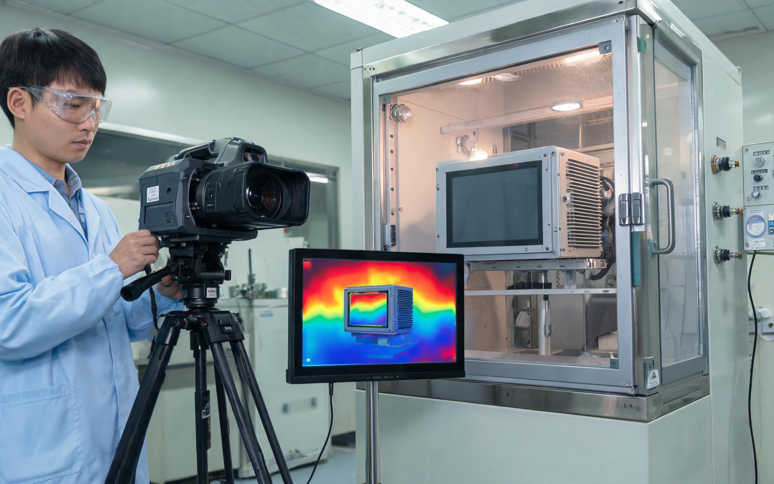 Thermal Imaging Validation in Burn In Chamber quality engineer using thermal imaging on a sealed fanless industrial all in one pc inside an environmental burn-in chamber