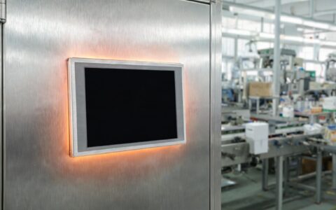 industrial panel mount touch screen installed in a stainless steel control cabinet during a thermal imaging survey showing heat paths