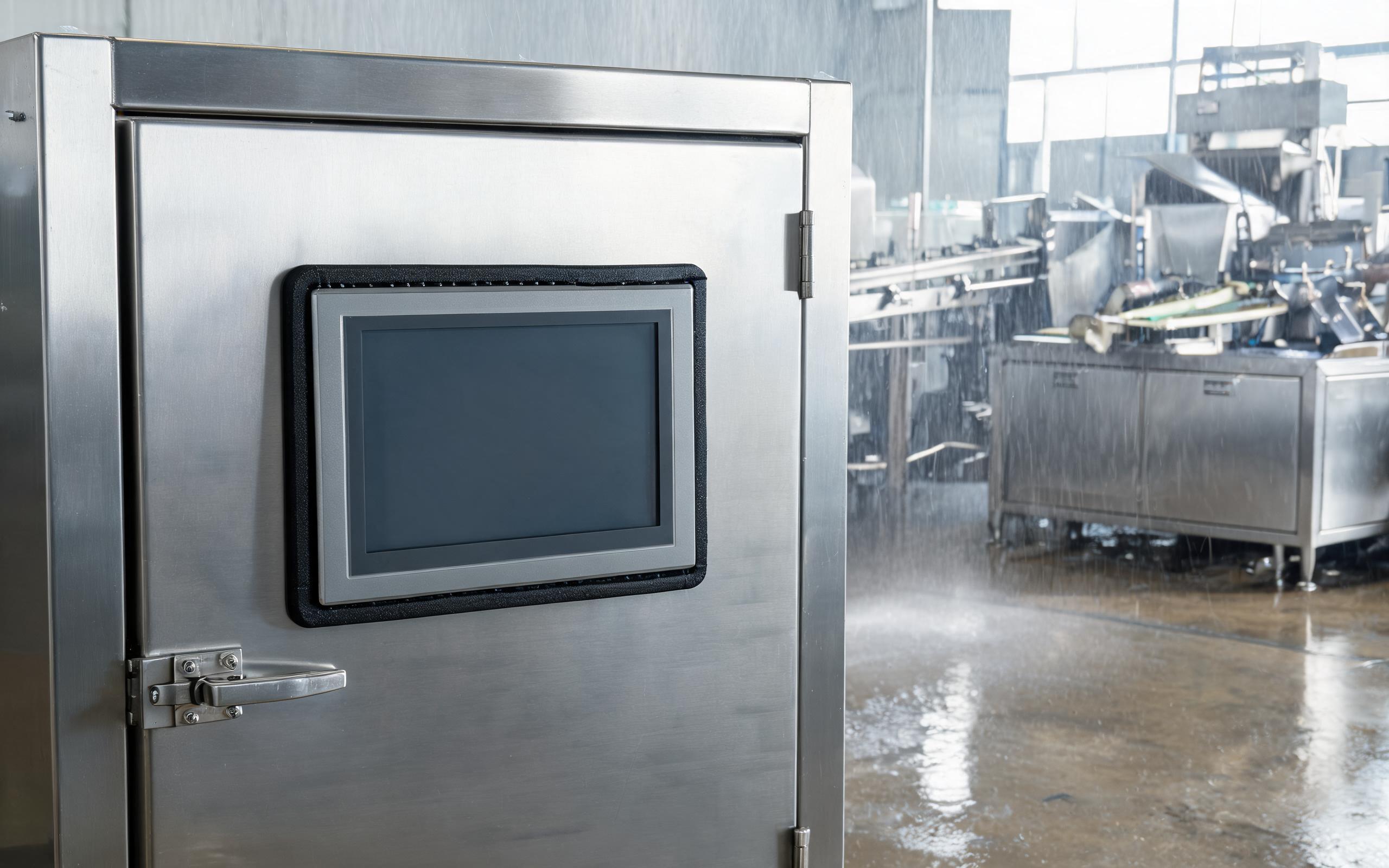 Sealed Cabinet Door With Panel Mount Touch Screen sealed NEMA 4 cabinet door holding an industrial panel mount touch screen in a hot washdown area