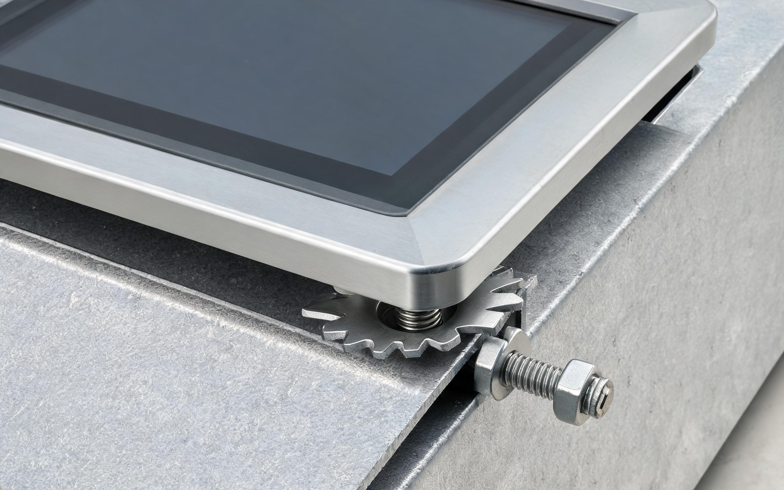 Bezel Flange and Mounting Stud Conduction Detail close-up of aluminum bezel flange and mounting studs clamping an industrial panel mount touch screen to sheet steel