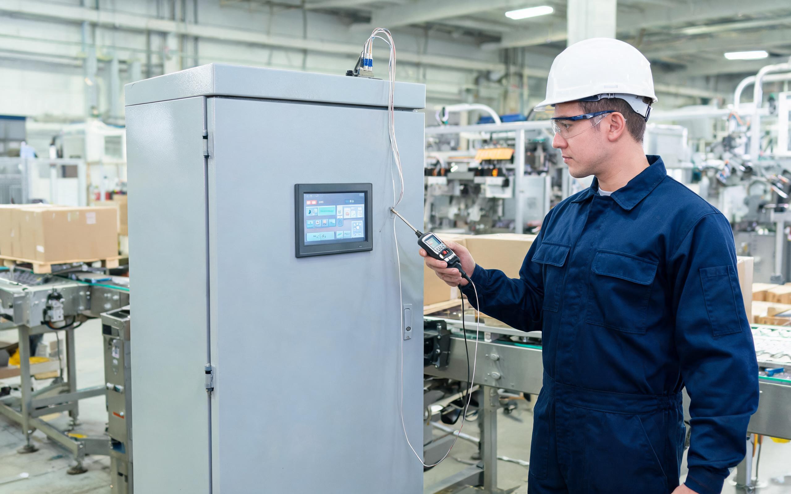 Cabinet Heat Budget Thermocouple Survey engineer reviewing thermocouple temperature readings beside an industrial panel mount touch screen cabinet on a factory floor