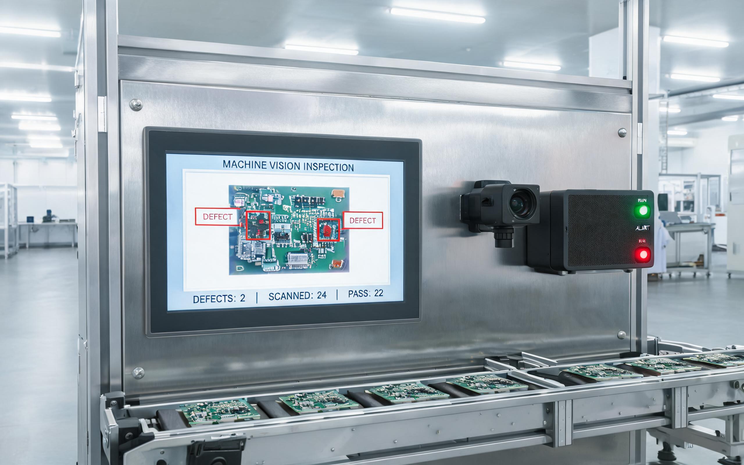 Edge AI Inspection Cell Touch Screen Monitor edge AI machine vision inspection cell with panel mounted industrial touch screen monitor displaying annotated defect overlays next to a smart camera