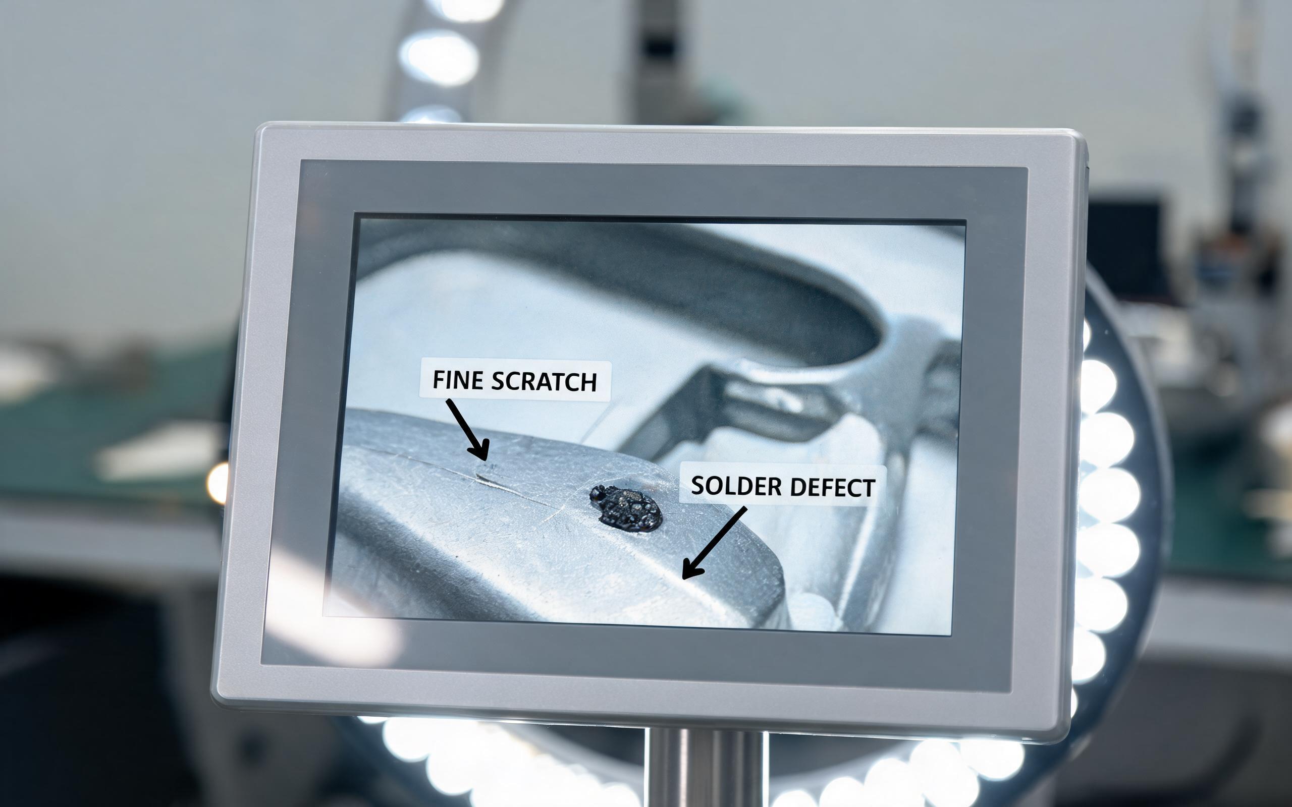 Bonded High Brightness Screen for Vision Review high brightness optically bonded industrial touch screen on a machine vision station displaying fine scratch and solder defect annotations under LED ring light