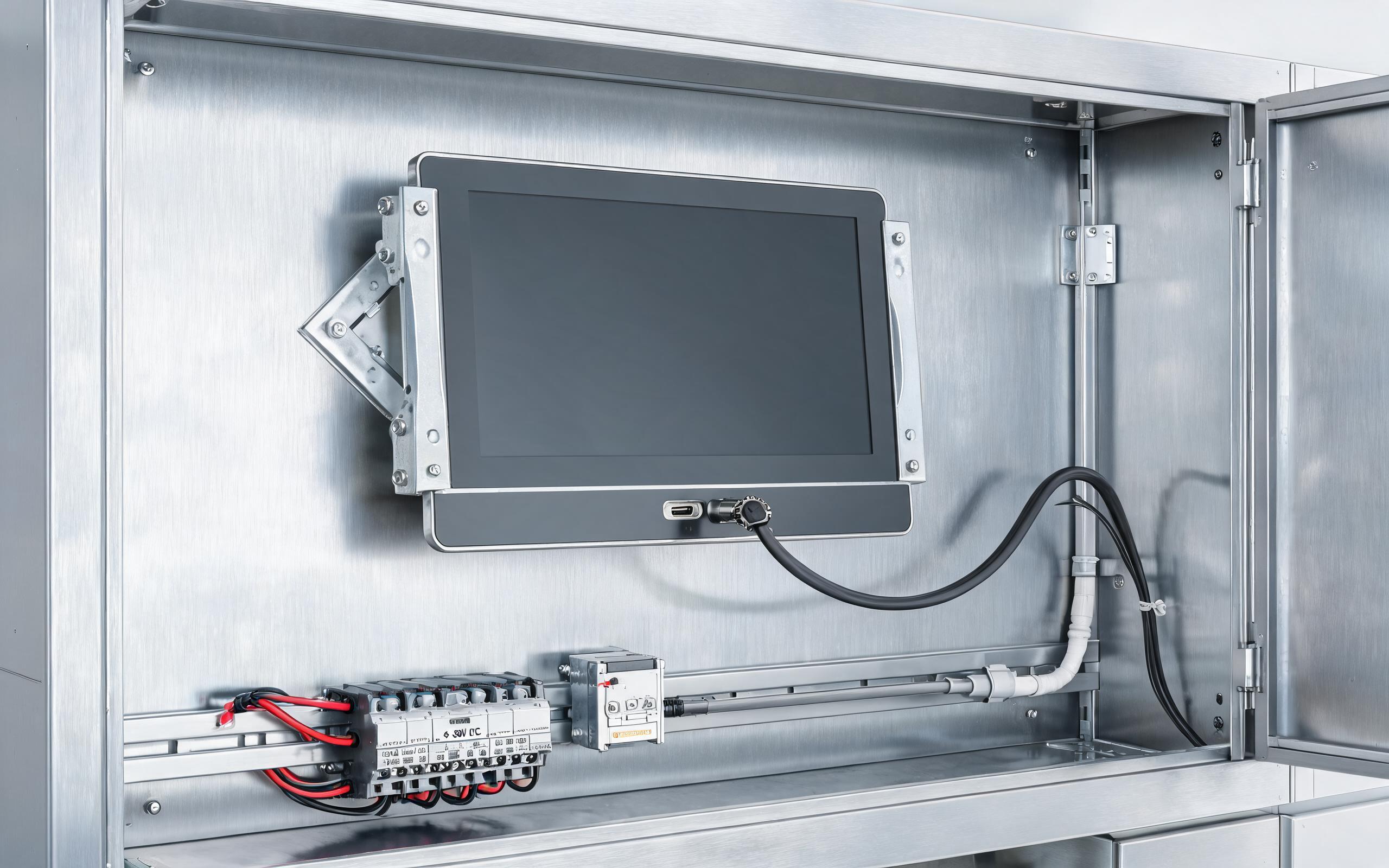 Locking USB-C Single Cable at Monitor Rear rear view of panel mounted industrial touch monitor with one locking USB-C cable and wide voltage DC wiring inside a compact machine cell