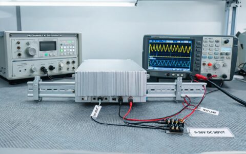 industrial pc for automation undergoing SEMI F47 voltage sag ride-through testing on a DC bench
