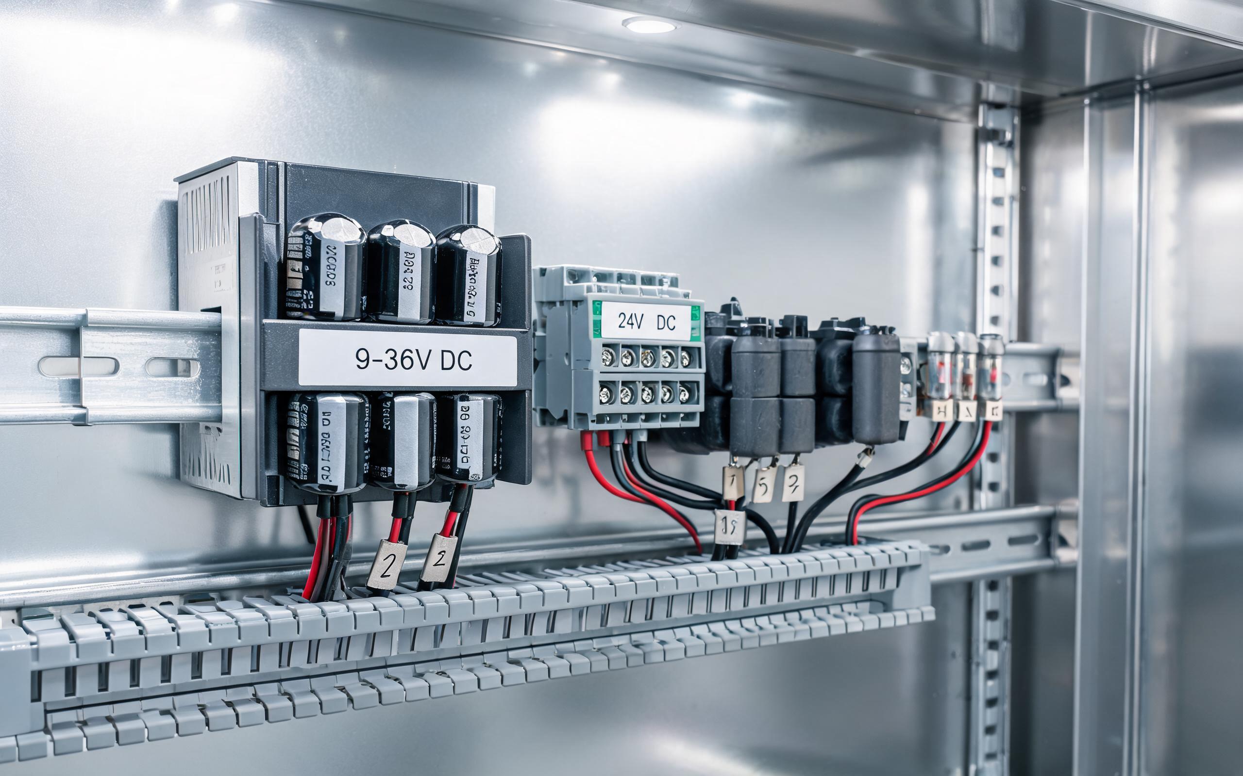DC front end hold-up capacitors Wide voltage DC input board and hold-up capacitors in an industrial automation control cabinet