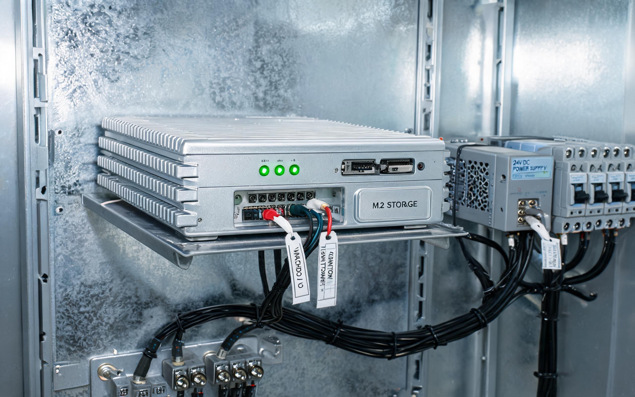 Supervised shutdown and flash storage Fanless industrial computer with flash storage mounted in an automation cabinet during brownout testing