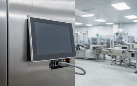 embedded panel pc powered by one PoE Ethernet cable at a packaging machine station