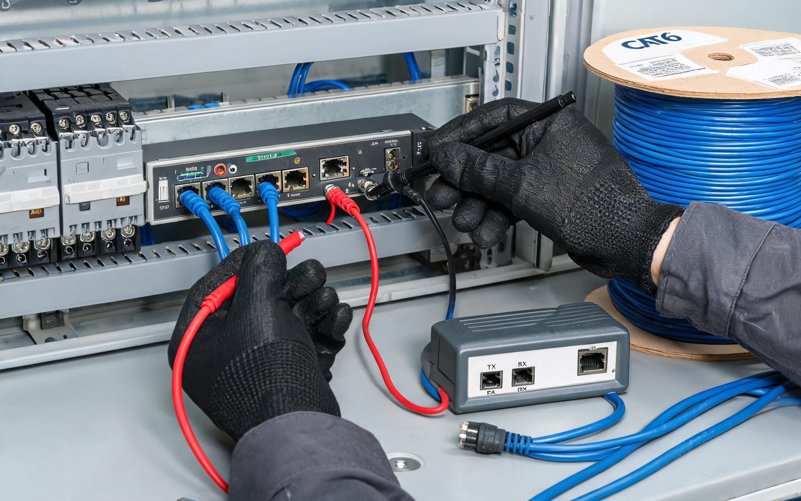 PoE voltage drop measurement bench Technician probing PoE injector voltage on a long Ethernet cable run with a digital multimeter