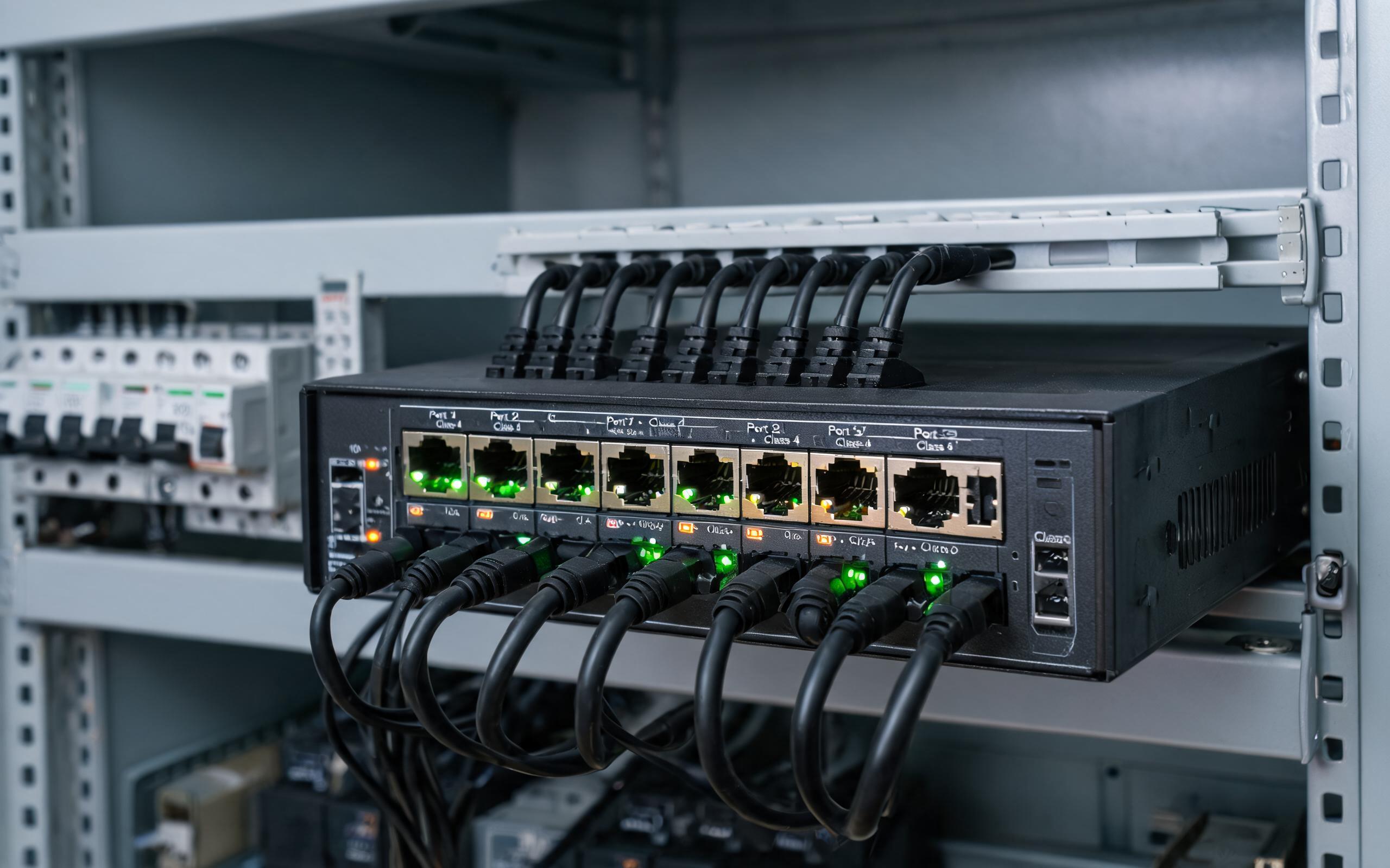 Managed PoE switch power telemetry Managed PoE switch with per-port power and class LEDs in an industrial control cabinet