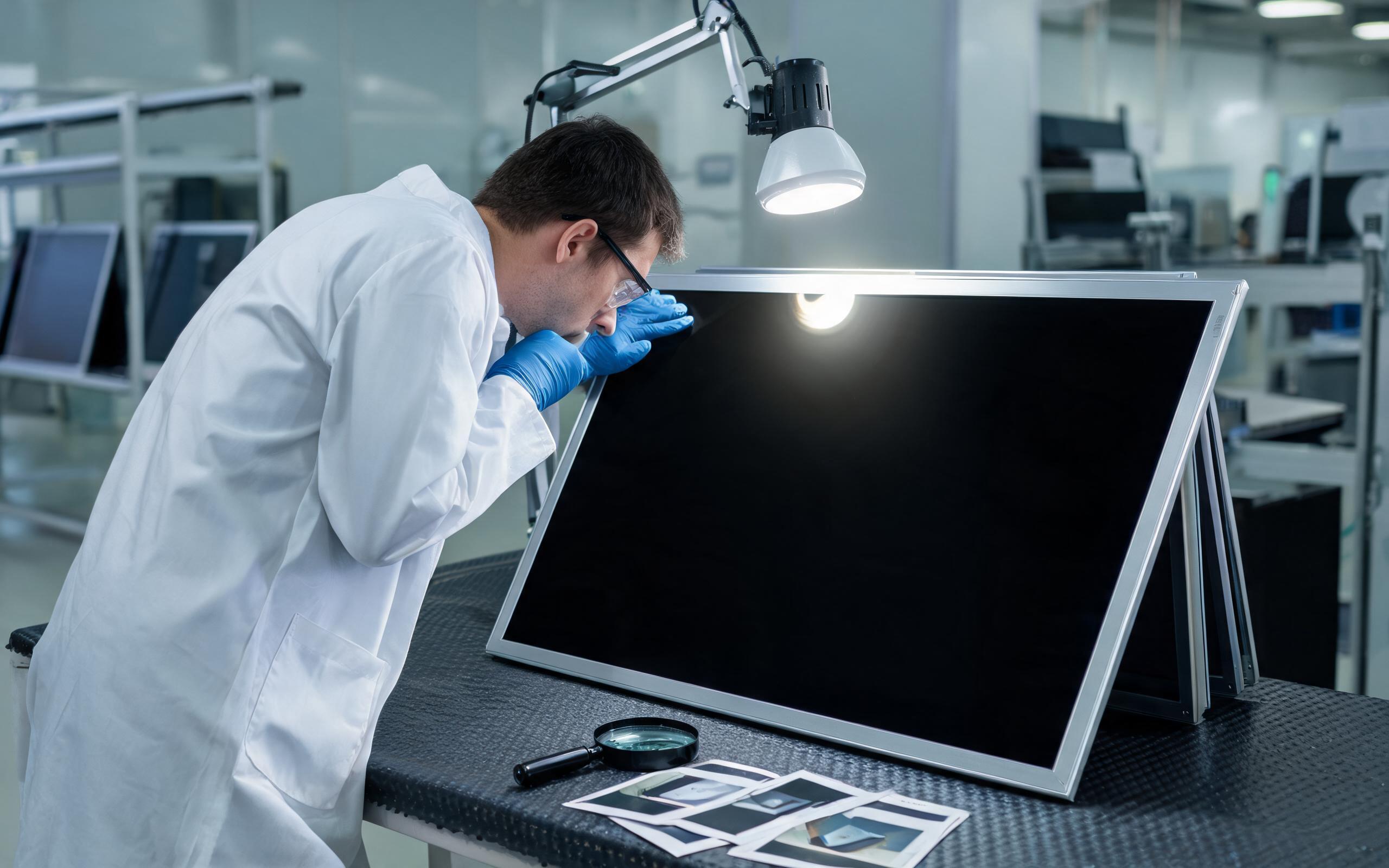 Polarized edge defect inspection quality inspector examining an edge halo corner defect on industrial panel pc optical bonding under polarized light