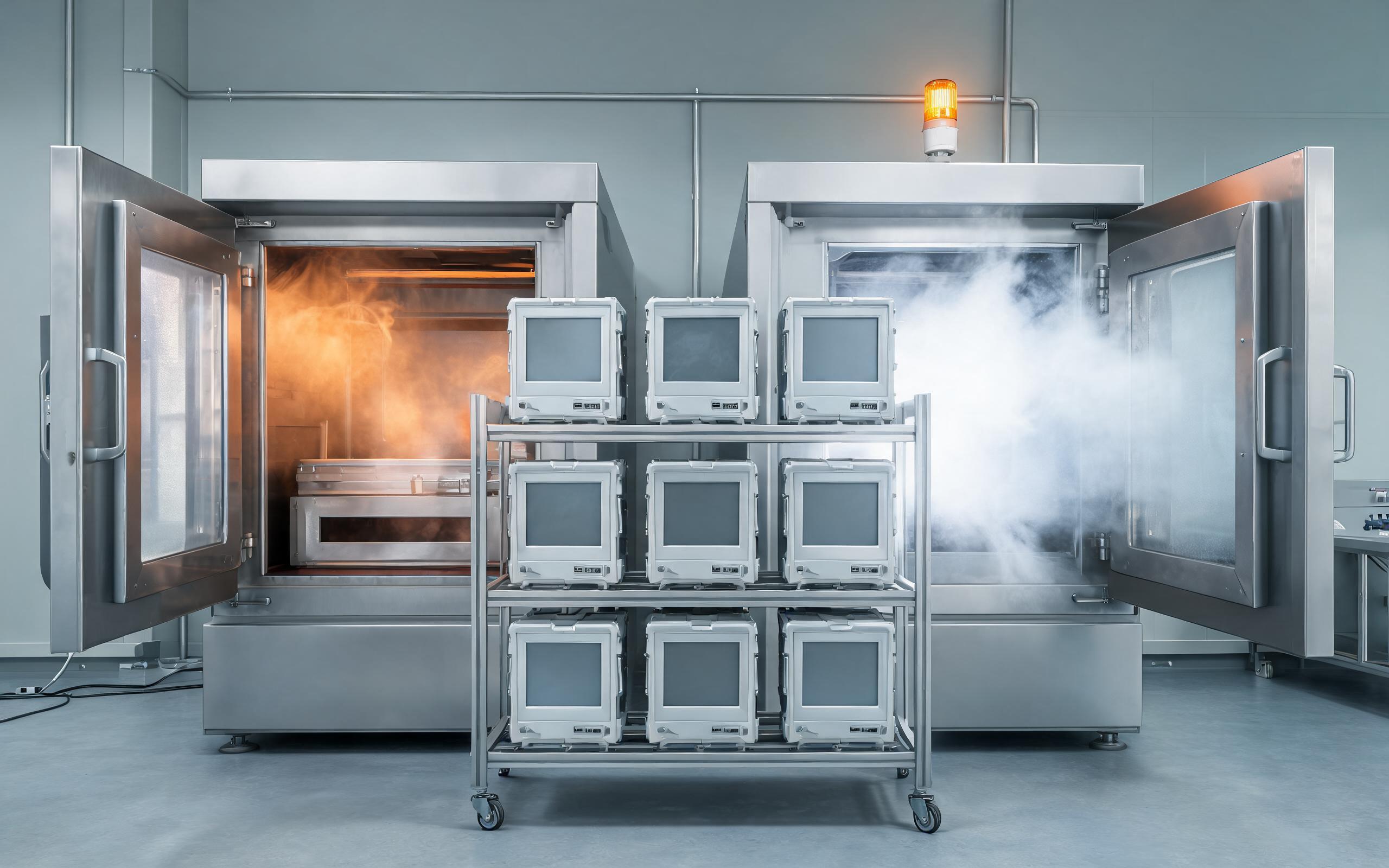 Thermal shock chamber qualification run dual thermal shock test chamber rack loaded with industrial panel pc optical bonding units for cycle testing