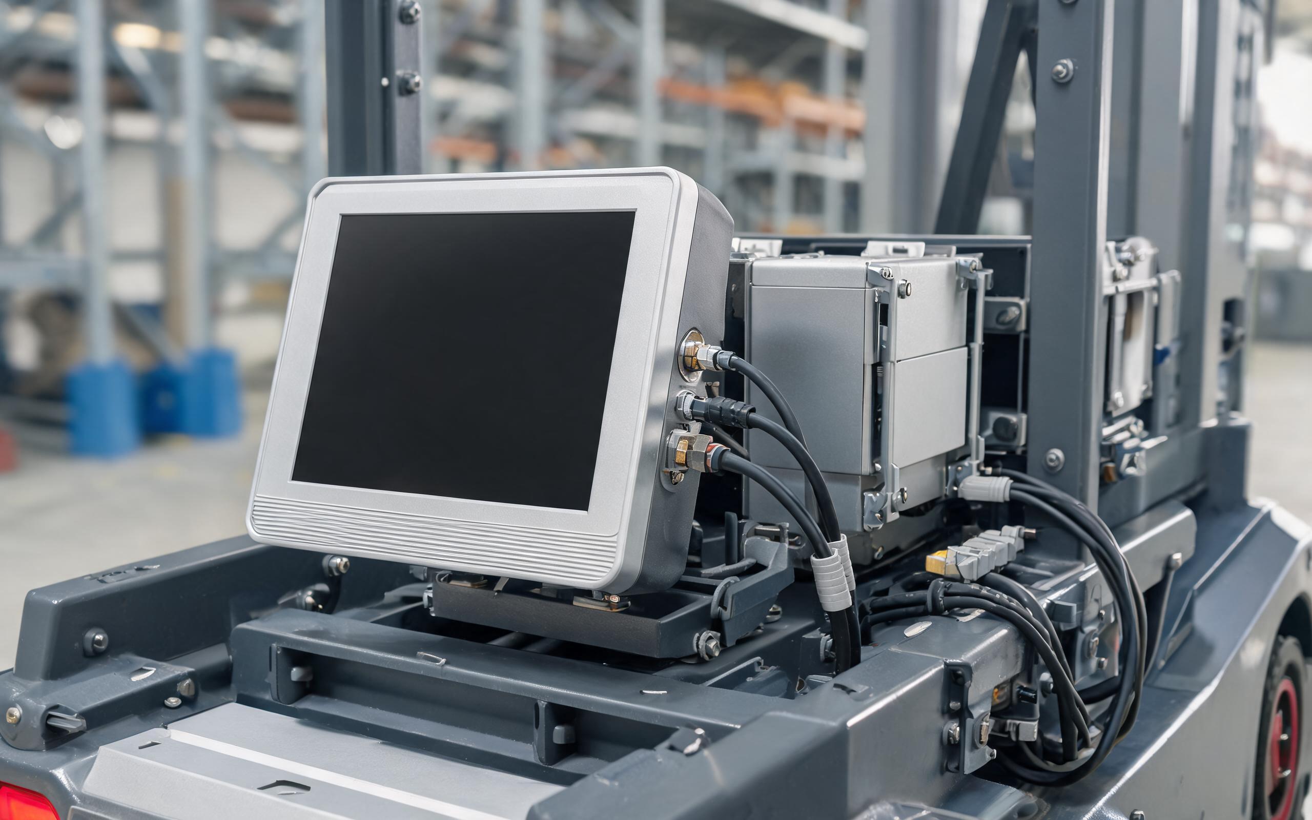Sealed panel PC installed in an AGV equipment bay sealed fanless industrial panel pc mounted inside an AGV equipment bay showing retention-clamped storage and latching I/O cables