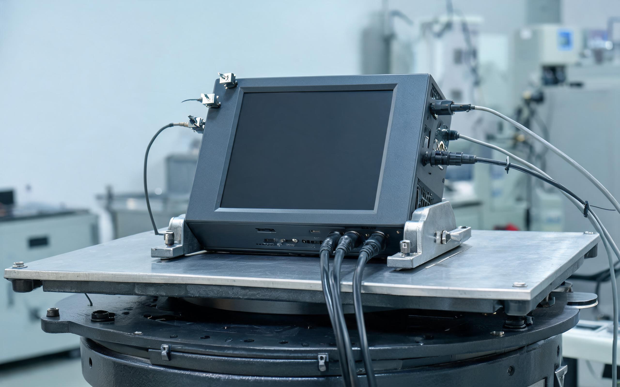 IEC 60068 vibration shaker qualification run fanless industrial panel pc clamped on an IEC 60068 electromagnetic vibration shaker table with cables attached and accelerometers