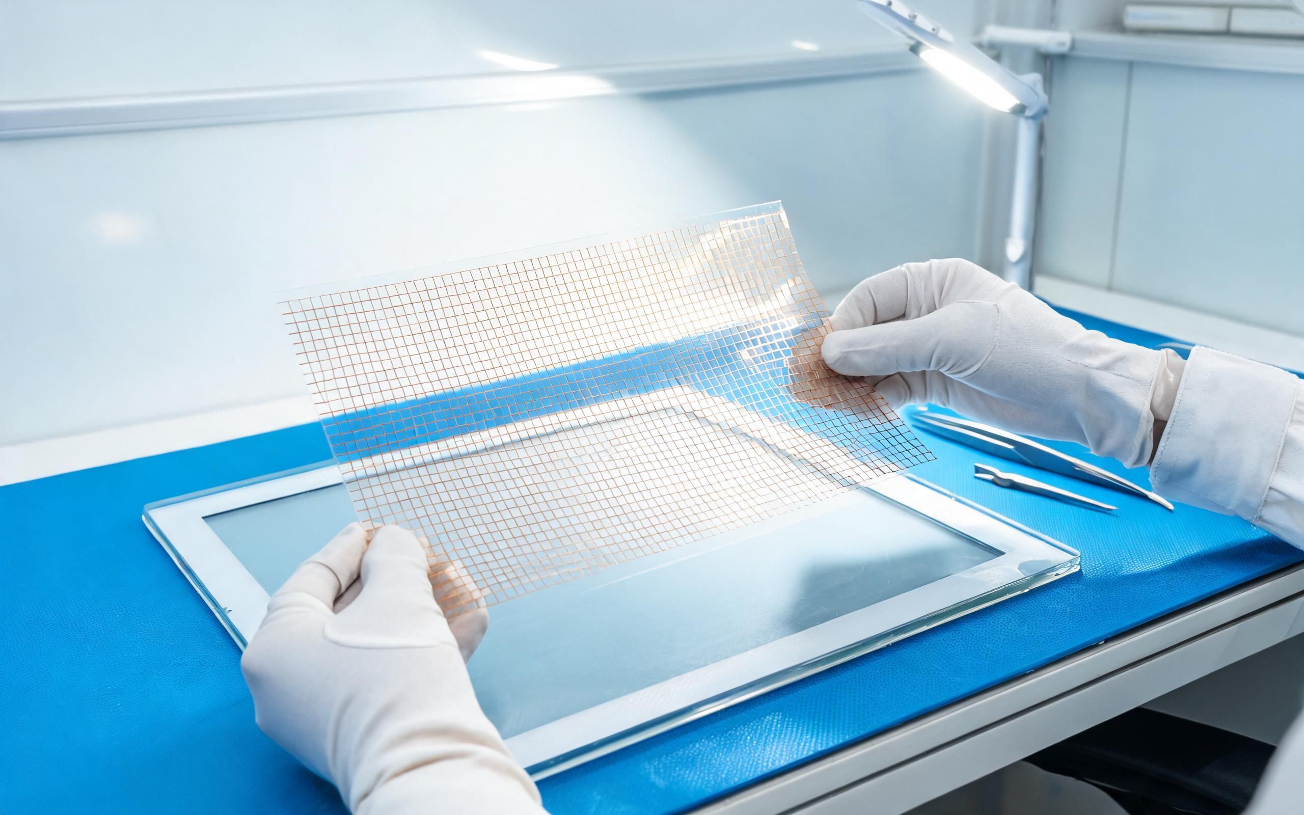 macro of fine copper metal mesh touch sensor grid layered over an LCD cell in an assembly lab