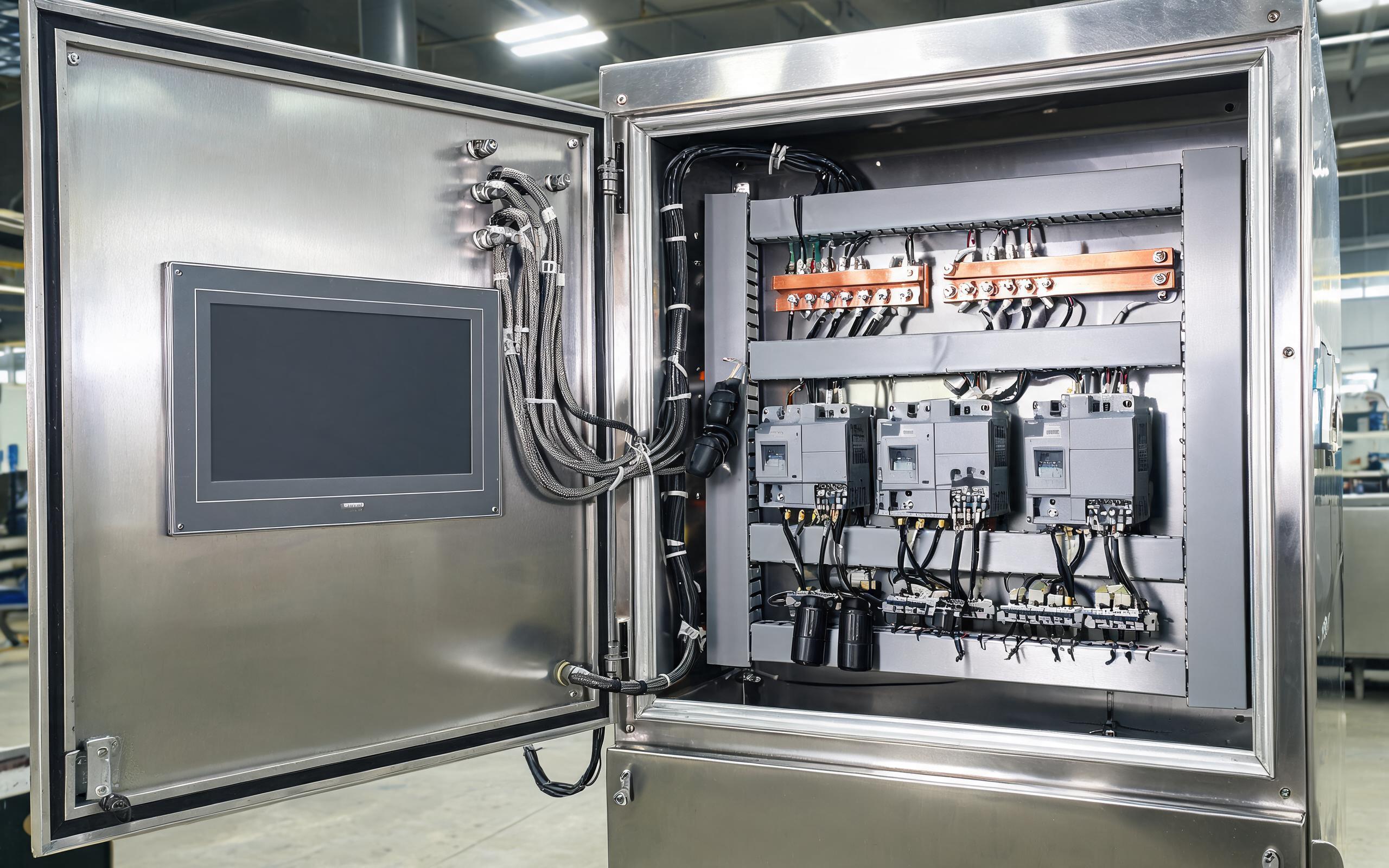 shielded industrial touch display next to grounded drive cabling inside a stainless electrical cabinet