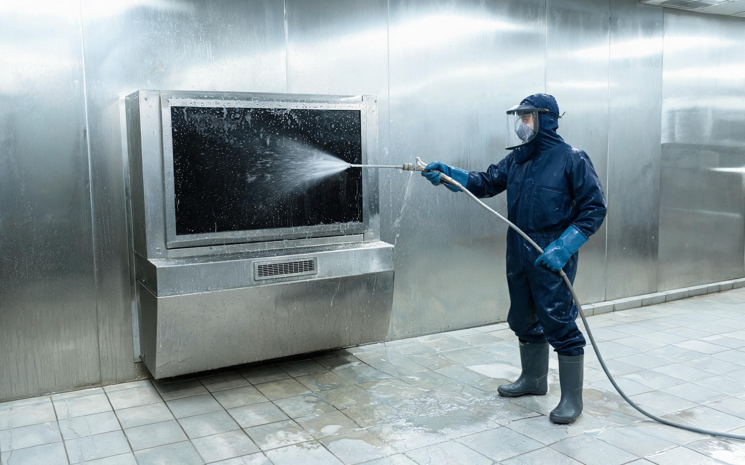 worker spraying water on a panel mounted rugged industrial display during washdown with vent on lower lip