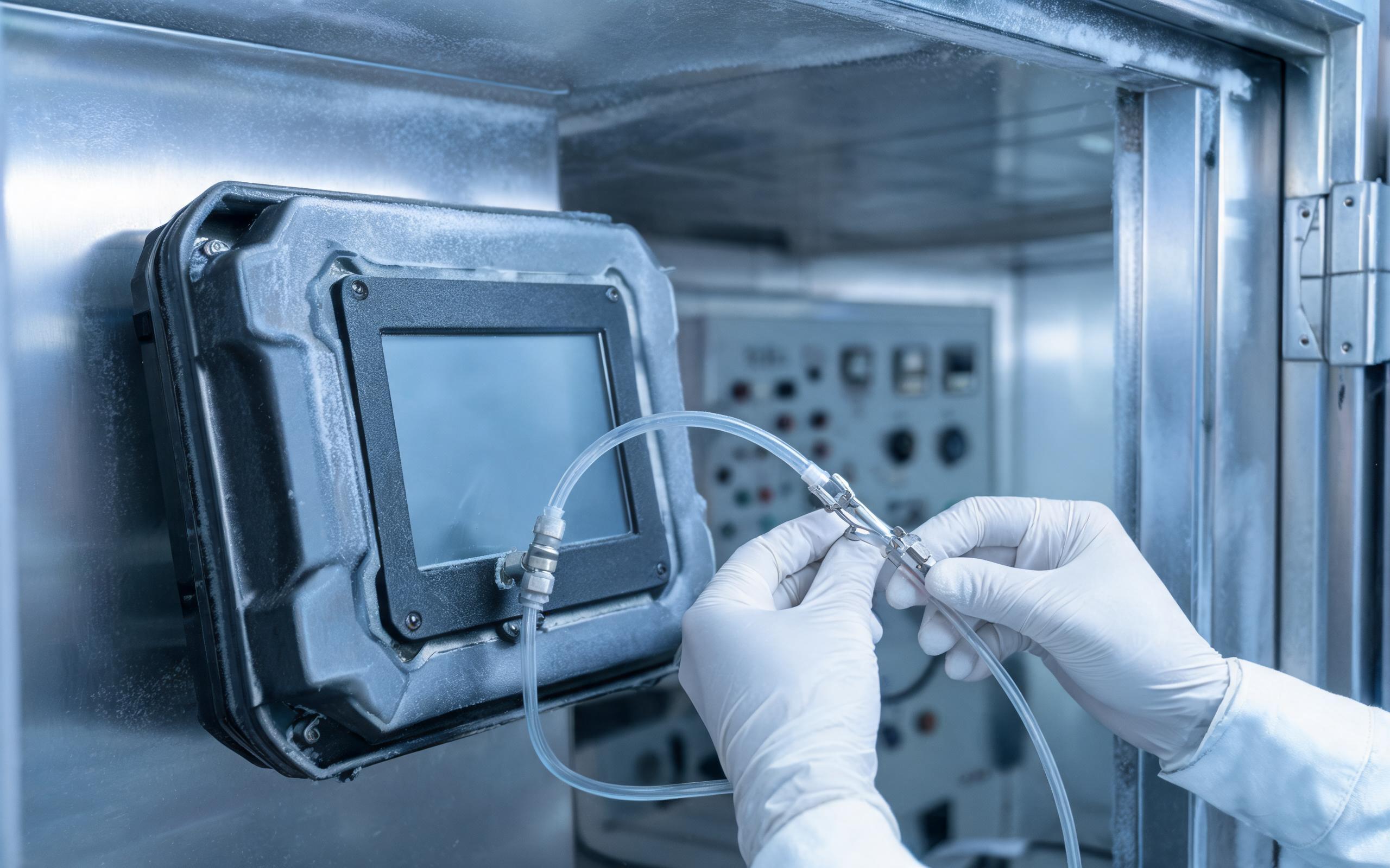 rugged industrial display assembly inside an environmental test chamber with pressure logging tubing attached