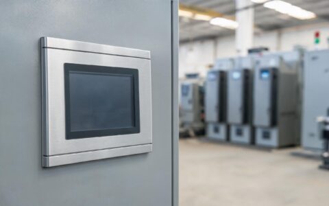 IEC 61000-4-2 ESD Effects on Industrial Panel Mount Displays industrial panel mount display clamped into a control cabinet door cutout with a narrow visible seam, factory floor