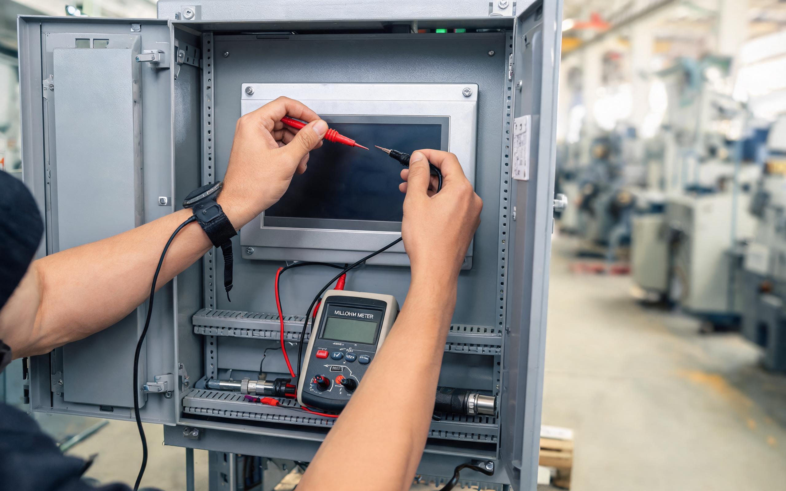 Continuity verification after installation engineer measuring bezel-to-cabinet continuity with a milliohm meter on an installed panel mount display