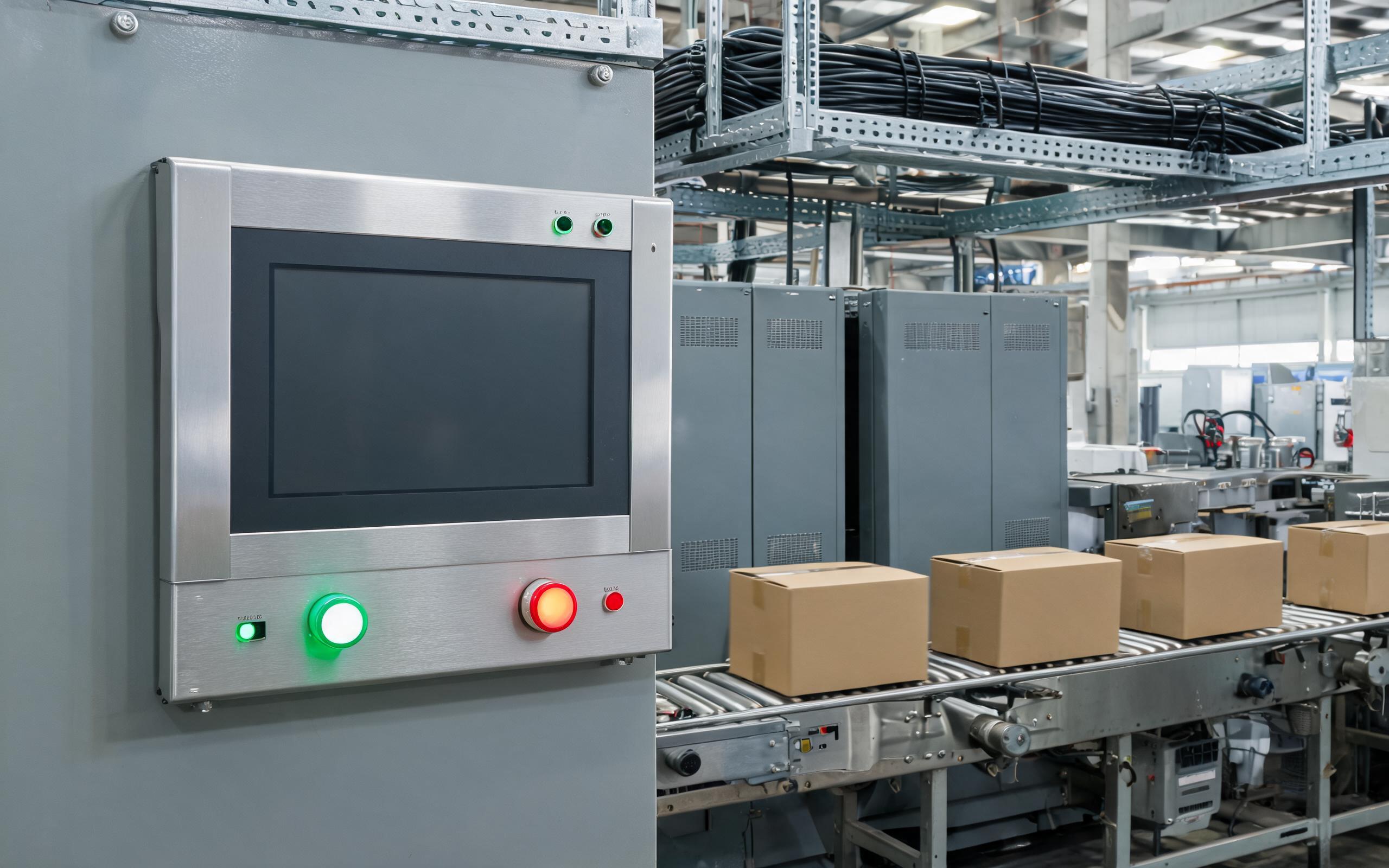 Panel PC beside running conveyor drives Close-up of a Windows industrial panel pc panel-mounted next to a running conveyor and servo drive cabinet on a factory automation line