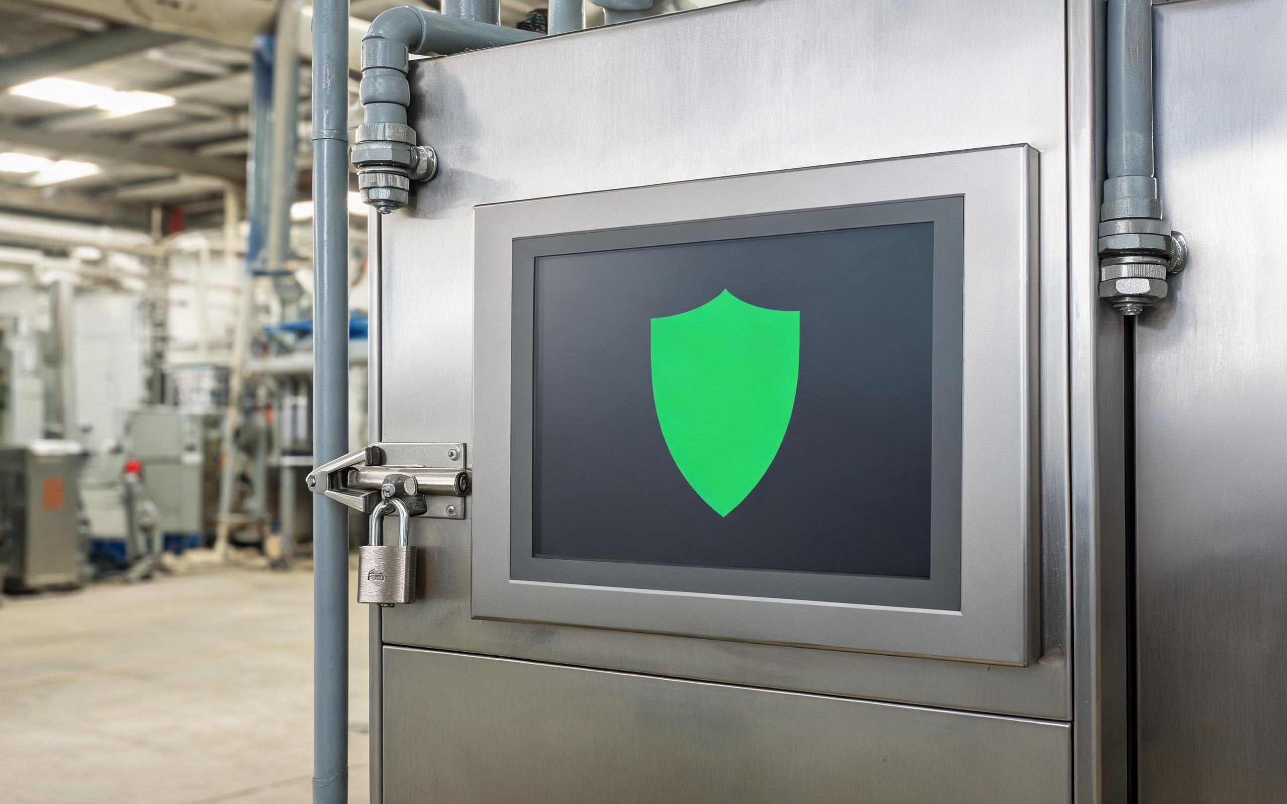 Locked cabinet panel PC with security status screen Locked stainless steel control cabinet with a Windows industrial panel pc displaying a security policy status screen on the factory floor