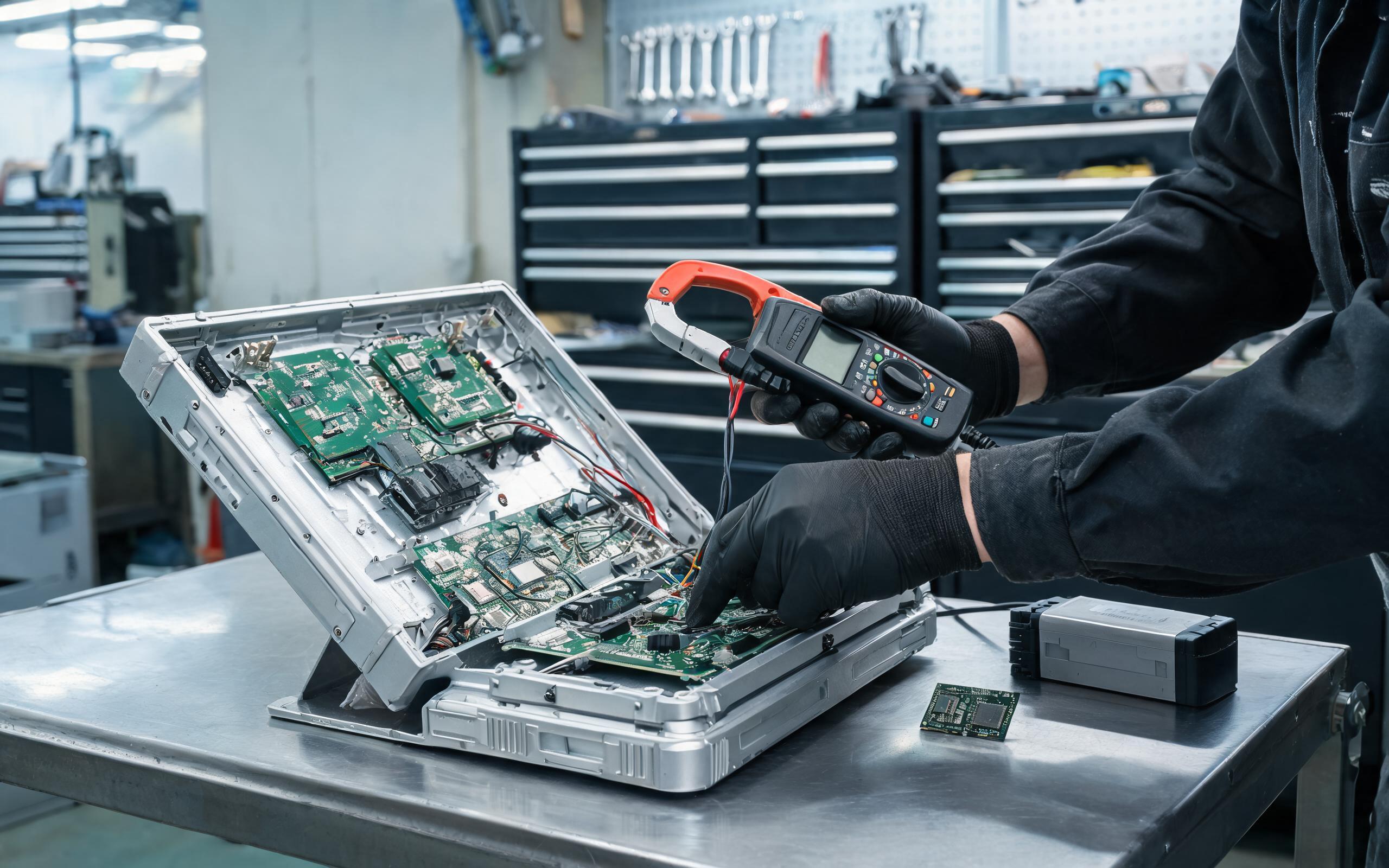 Power and flash validation bench for panel PC image Gloved engineer validating a Windows industrial panel pc with a clamp meter and eMMC storage module next to a UPS battery on a maintenance bench