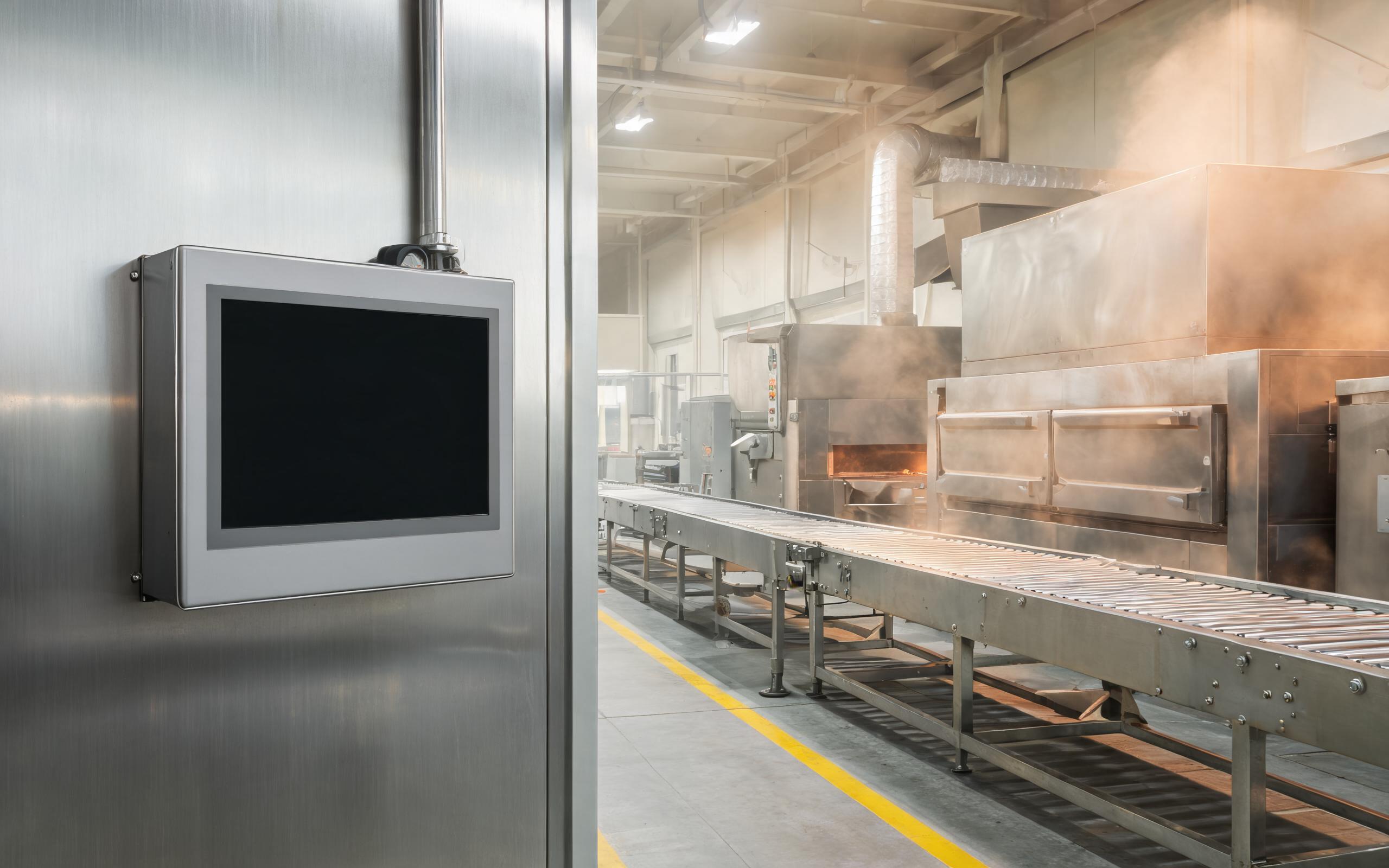 Fanless wide temperature panel pc in a wall-mounted cabinet beside hot packaging aisle ovens with convection airflow clearance