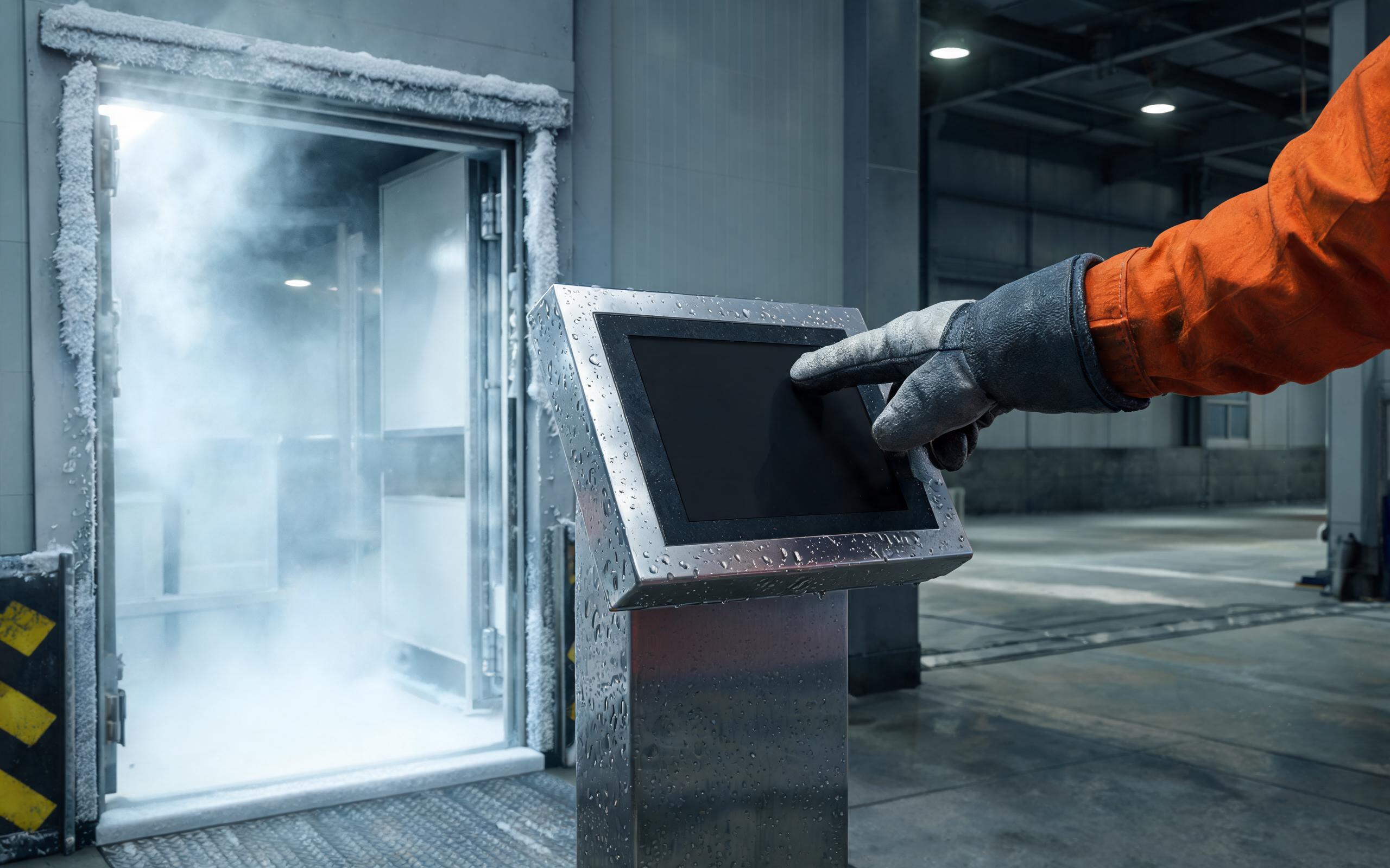 Gloved worker operating an industrial touch screen on a wide temperature panel pc at a frosty cold-chain loading dock