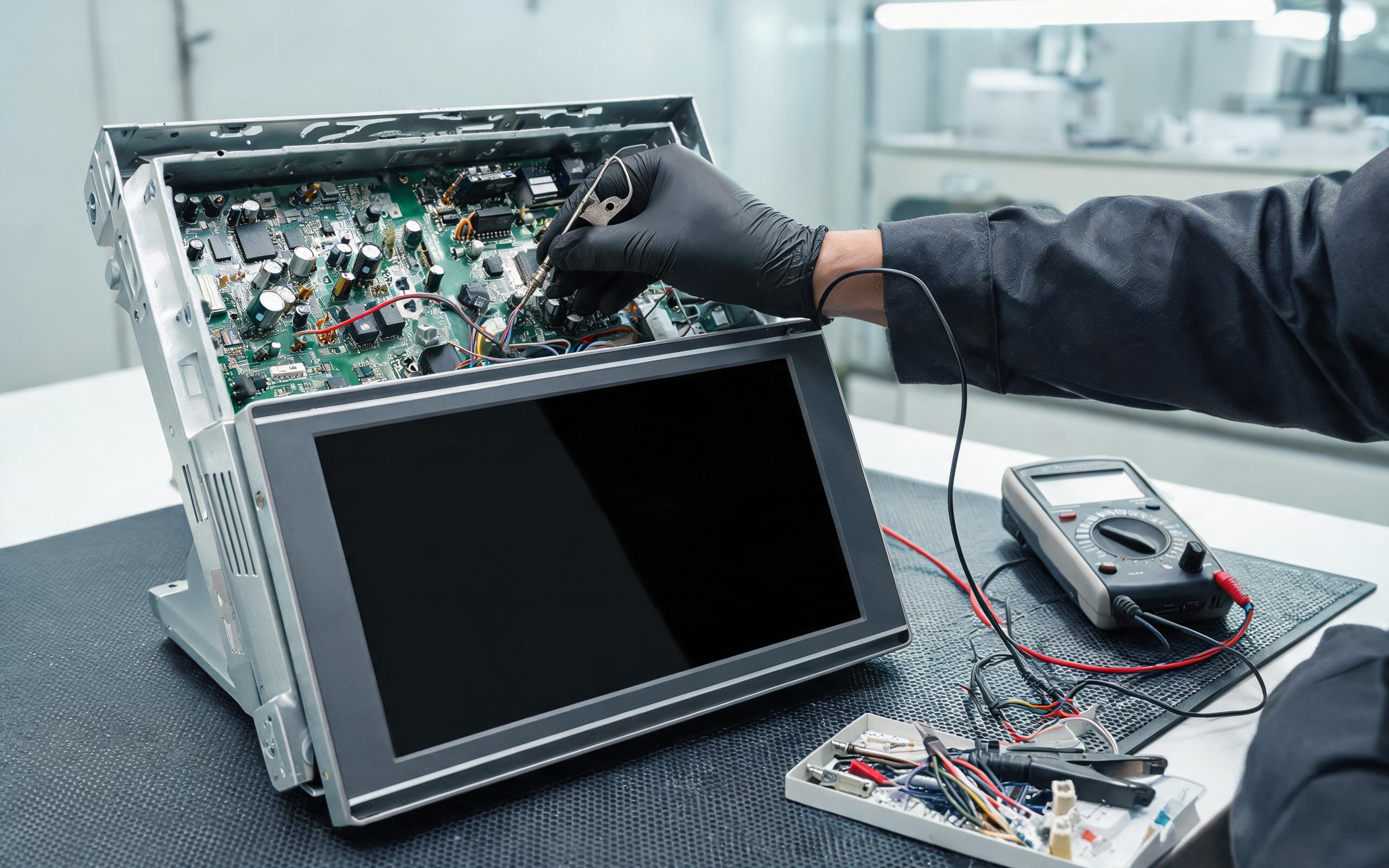 Maintenance technician wiring temperature sensors and a logger to a wide temperature panel pc on a commissioning bench