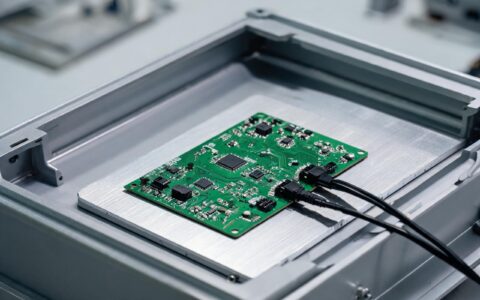 industrial touch screen panel opened for service showing the touch controller board on a grounded metal carrier with short sensor flex cables, macro industrial electronics photography