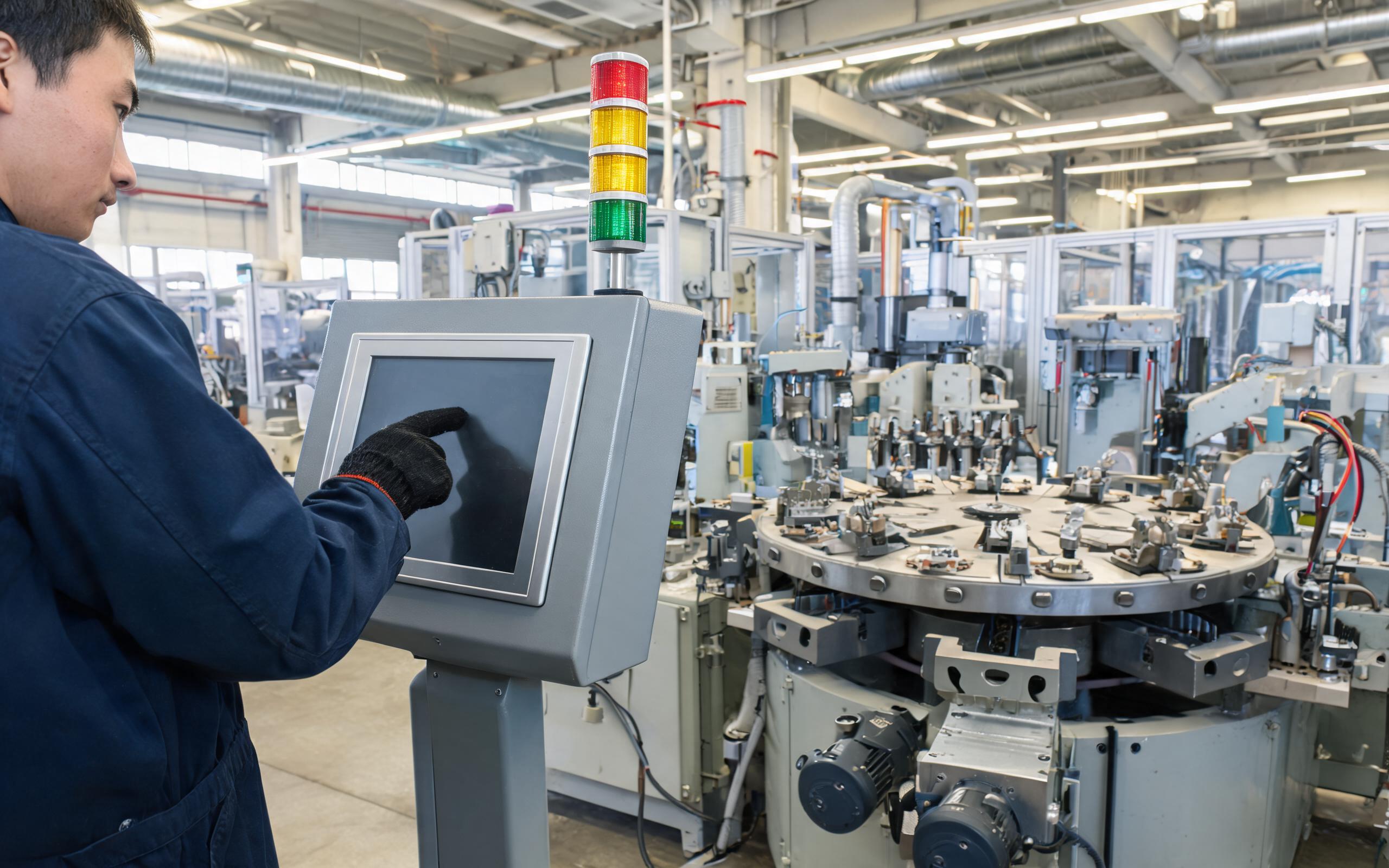 operator tapping an industrial touch screen panel at an indexing assembly station while the light tree shows station state, realistic factory floor photography