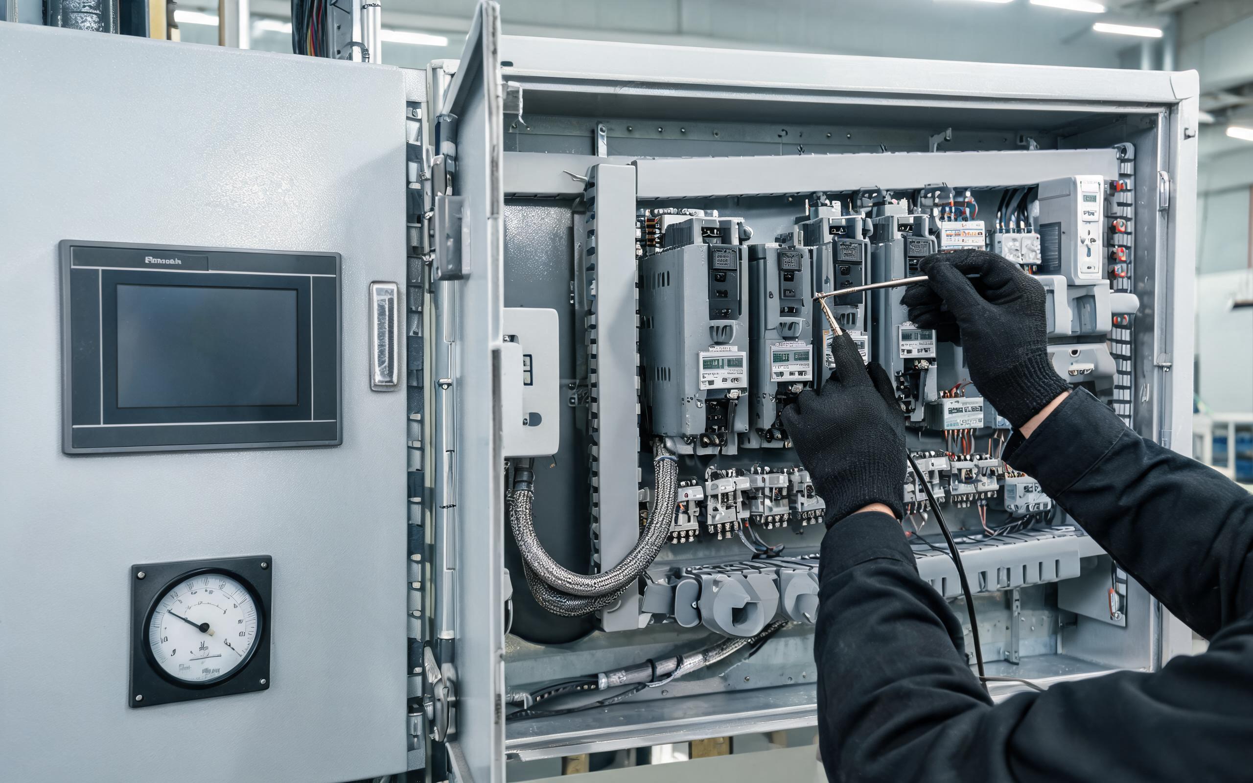 industrial touch screen panel beside an open drive cabinet with servo drives and contactors, engineer probing noise floor with an oscilloscope, factory engineering photography