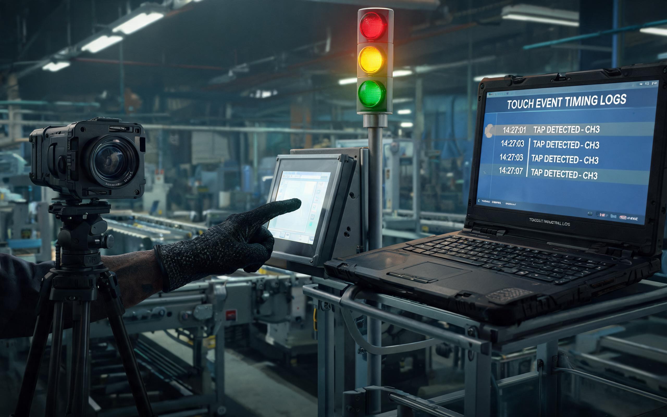 high-speed camera on tripod filming an operator tapping an industrial touch screen panel and the station light tree during factory timing validation, industrial photojournalism