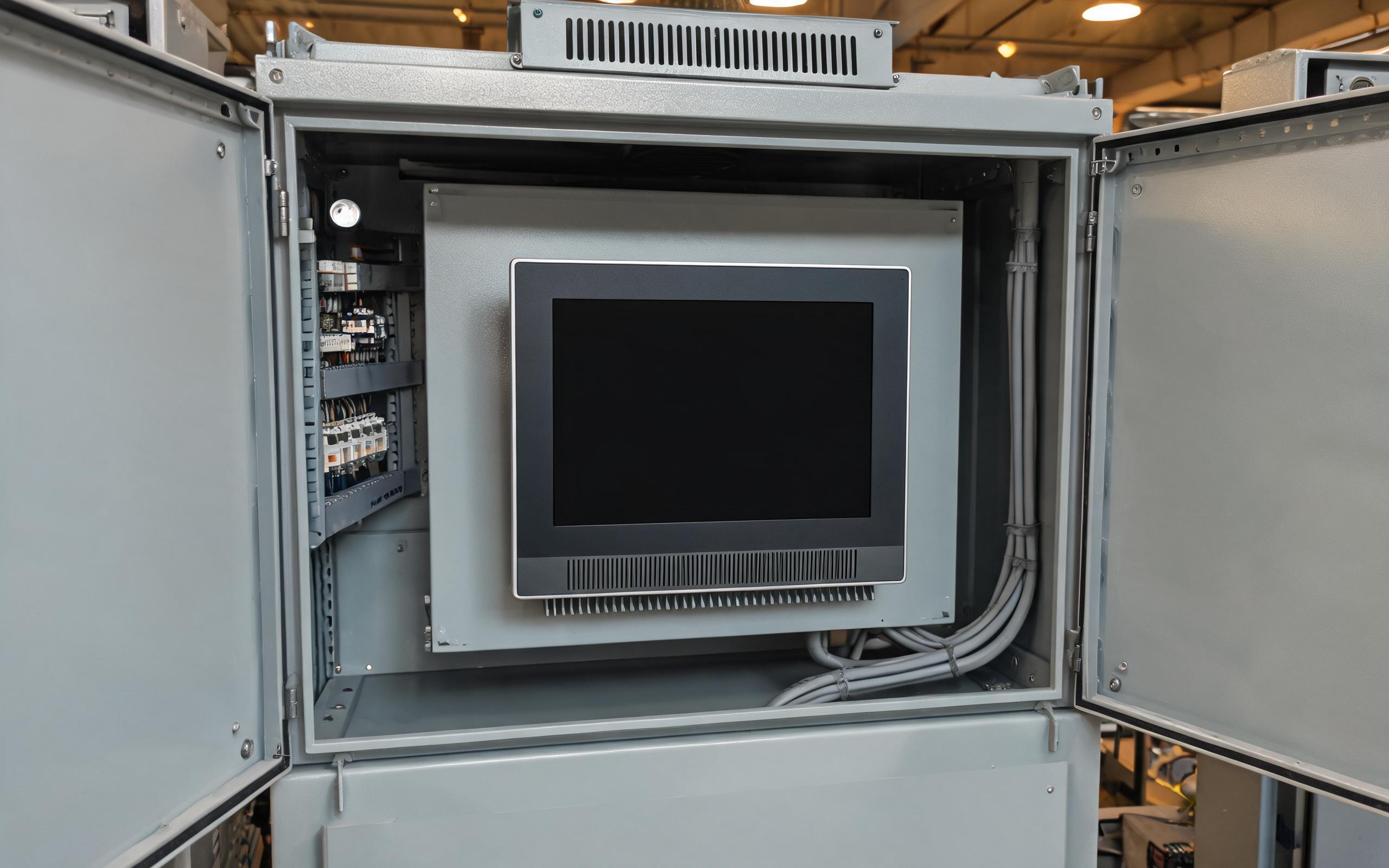 industrial panel pc installed in a confined control cabinet with cable ducts routed clear of the lower fin inlet and a vented exhaust plenum above, realistic factory engineering photo, blank screen