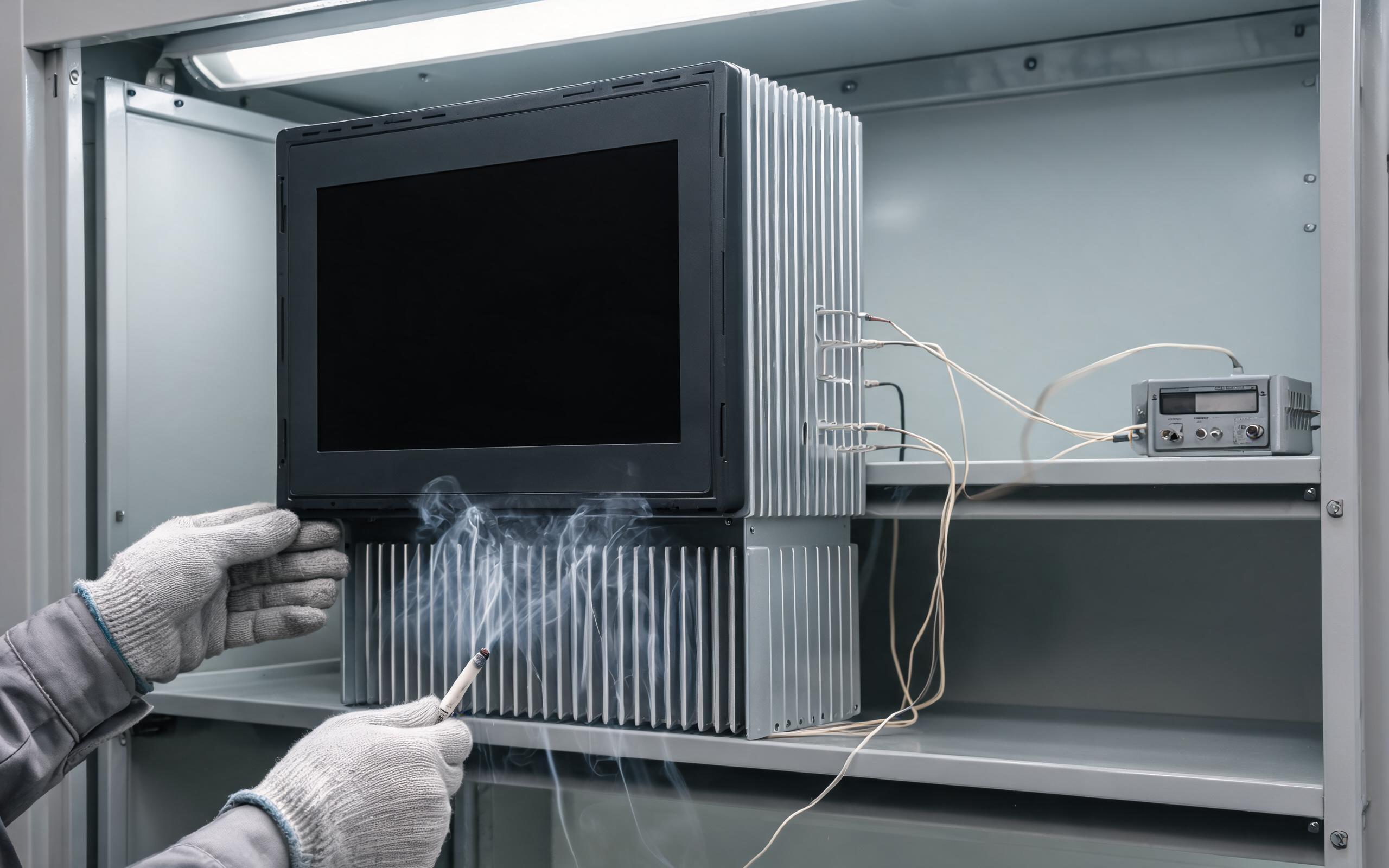 engineer logging thermocouple readings on a fanless panel pc under sustained load inside a sealed test cabinet with a smoke pencil at the lower fin inlet, industrial commissioning photography, dark screen no text
