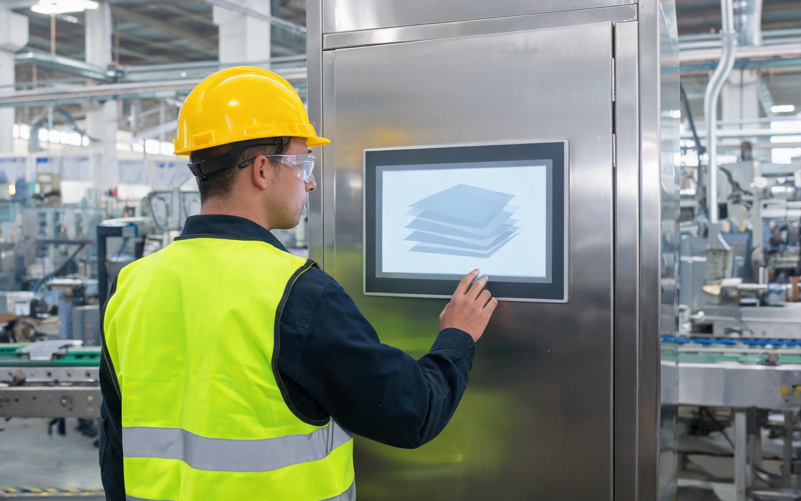 OverlayFS writable layer over immutable root engineer configuring layered storage on a panel-mounted industrial panel pc linux terminal, the screen showing abstract stacked layer blocks without readable text, stainless cabinet and factory floor, realistic industrial photography