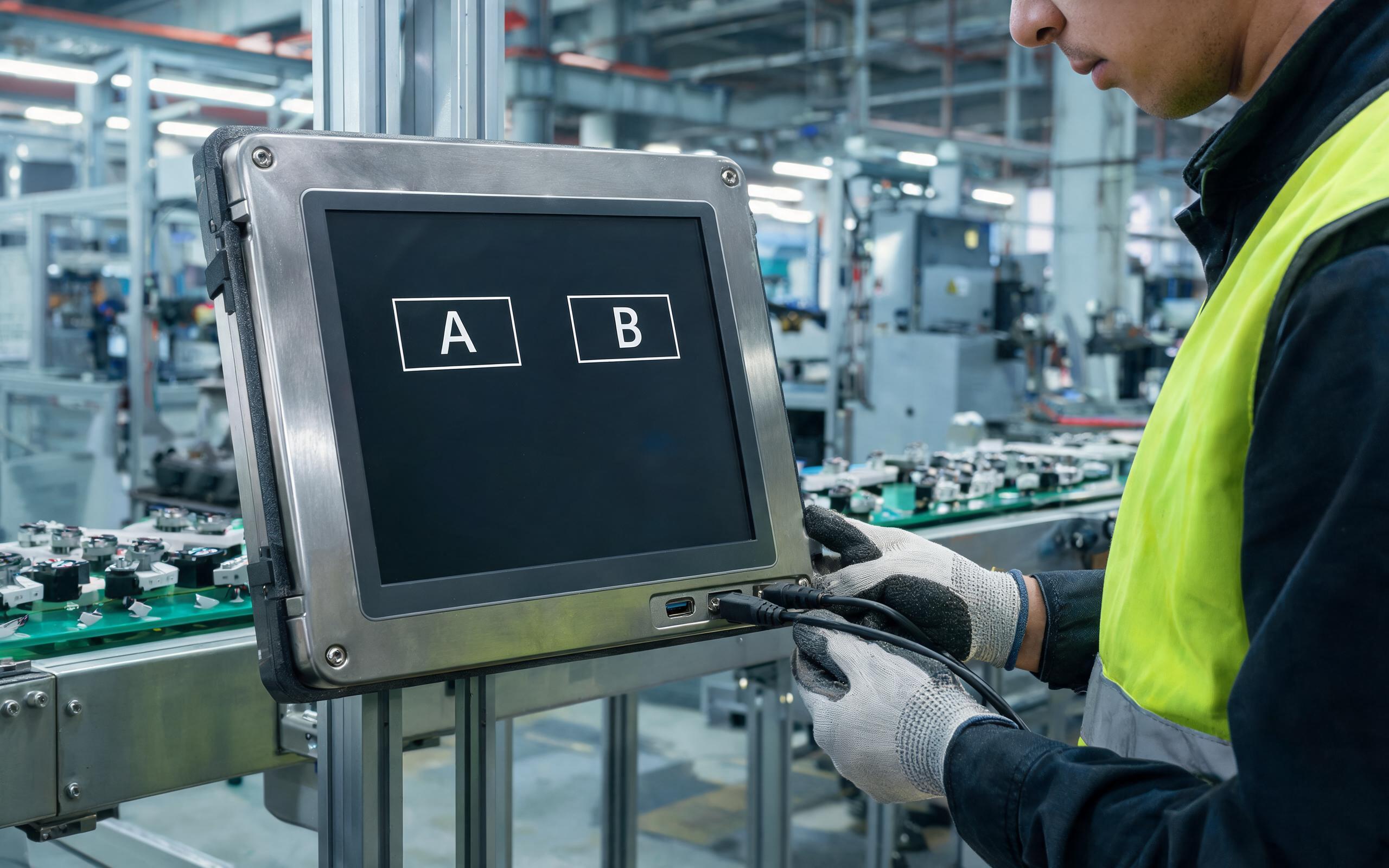 A/B dual root bank field update field technician applying a firmware update through a USB cable to a rugged industrial panel pc linux unit mounted beside a production line, dual slot indication on a dark screen, realistic industrial photography no text