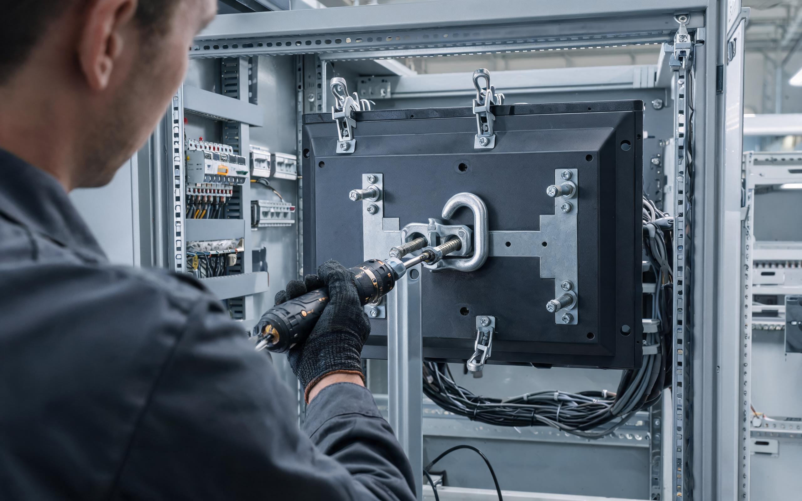 technician tightening a stud clamp on the rear bezel of an industrial panel mount monitor with a torque driver