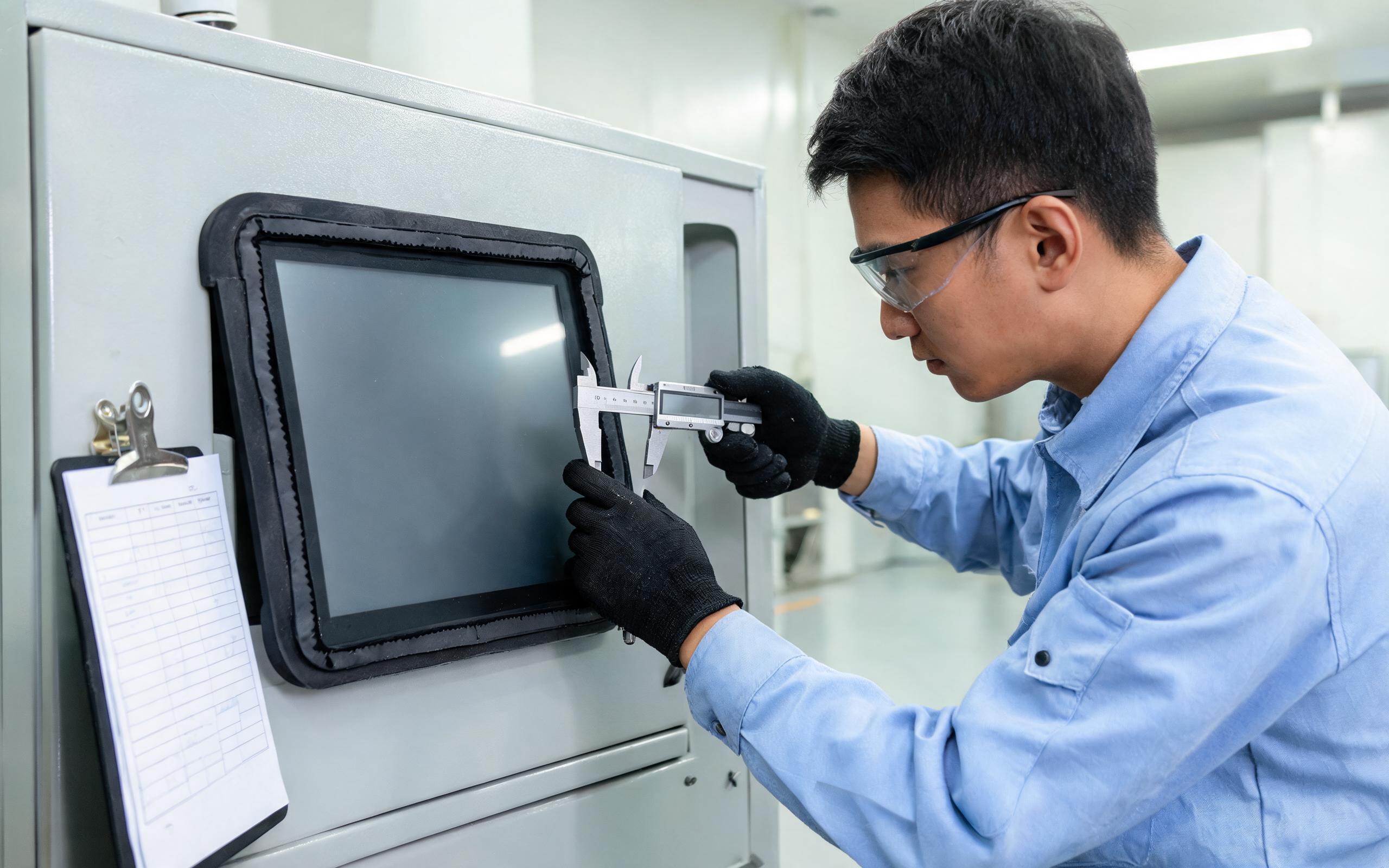 engineer inspecting cutout tolerance and gasket squeeze on an installed industrial panel mount monitor