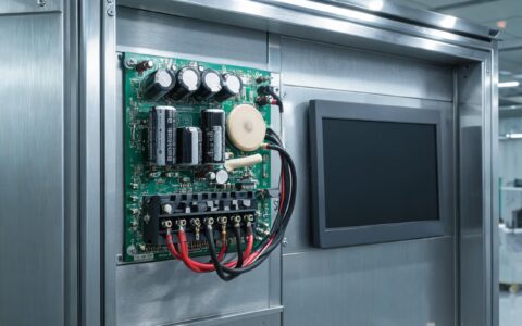 close-up of an industrial panel monitor power input stage inside a sealed steel control cabinet, terminal block, disc thermistor and bulk capacitors on a driver board, macro industrial engineering photography, dark display screen no text