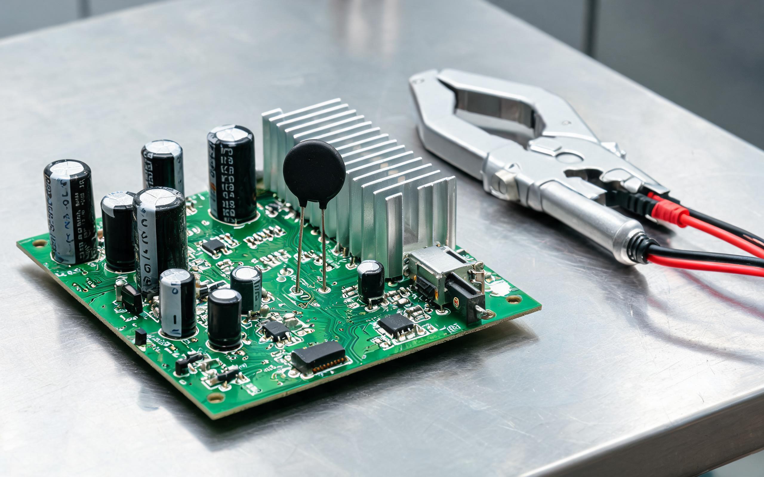 NTC thermistor on an industrial monitor driver board disc-shaped NTC thermistor component on the driver board of an industrial panel monitor during a cold-start bench test, clamp meter probe nearby, realistic industrial electronics photography, no readable text