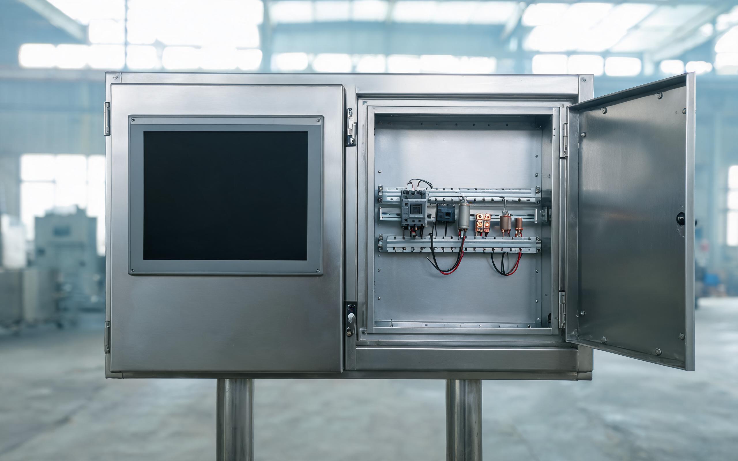 Relay-bypass stage inside a sealed panel monitor sealed industrial panel monitor panel-mounted in a stainless control cabinet with a relay bypass stage visible in the wiring compartment, cold unheated factory floor, realistic industrial photography, dark screen no text