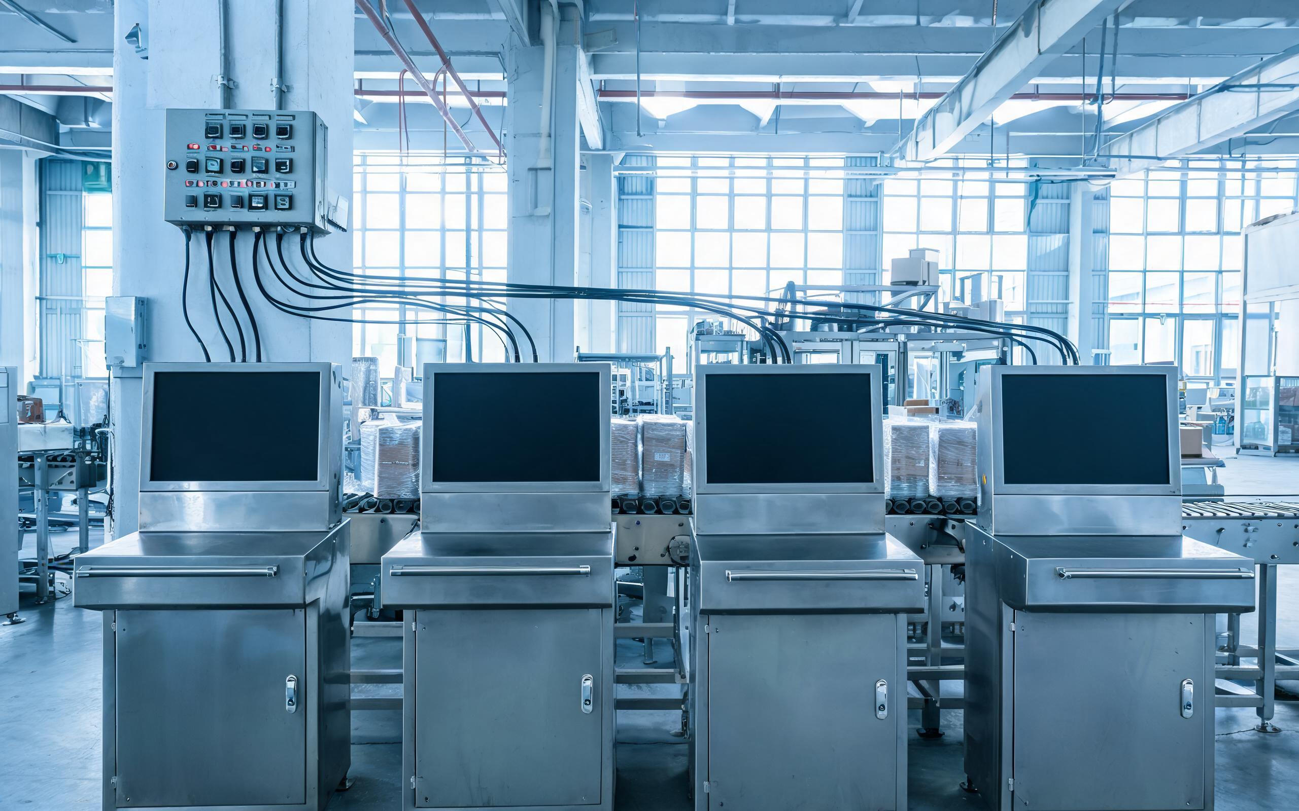 Multi-monitor branch on a packaging line row of four industrial panel monitors on a packaging production line fed from one wall-mounted control cabinet during morning startup, wide industrial documentary photography, dark screens no text, no people