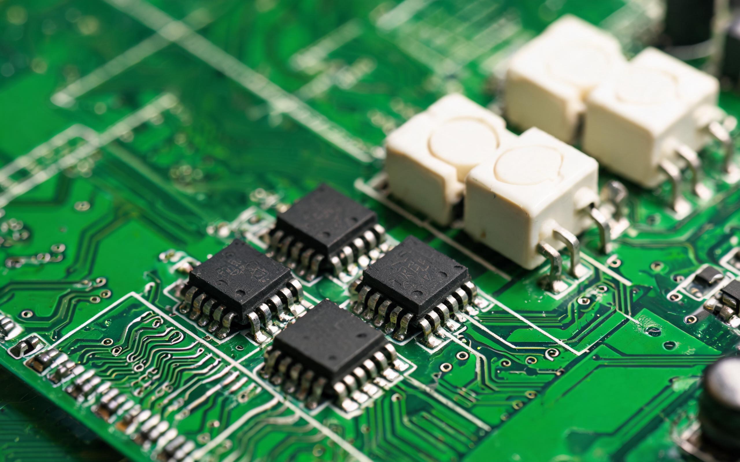 CMOS digital isolators beside legacy optocouplers macro photograph of CMOS digital isolator integrated circuits and older optocoupler components on the COM port driver board of an industrial all in one panel pc, bench lighting, realistic electronics photography, no readable text