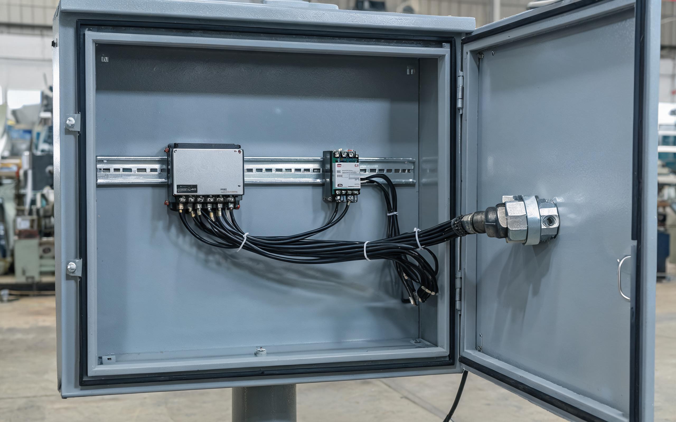Isolated supply and shield termination in a cabinet inside a sealed industrial control cabinet, isolated DC-DC converter module, shielded serial cable gland with 360-degree shield bonding and surge suppressor on a DIN rail, realistic industrial engineering photography, no readable text