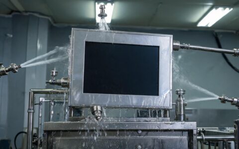 IP65 water jet test spraying a sealed aluminum industrial touchscreen monitor price evaluation unit mounted on a stainless steel test panel, wet laboratory rig, realistic industrial documentary photography, dark screen no readable text, no people
