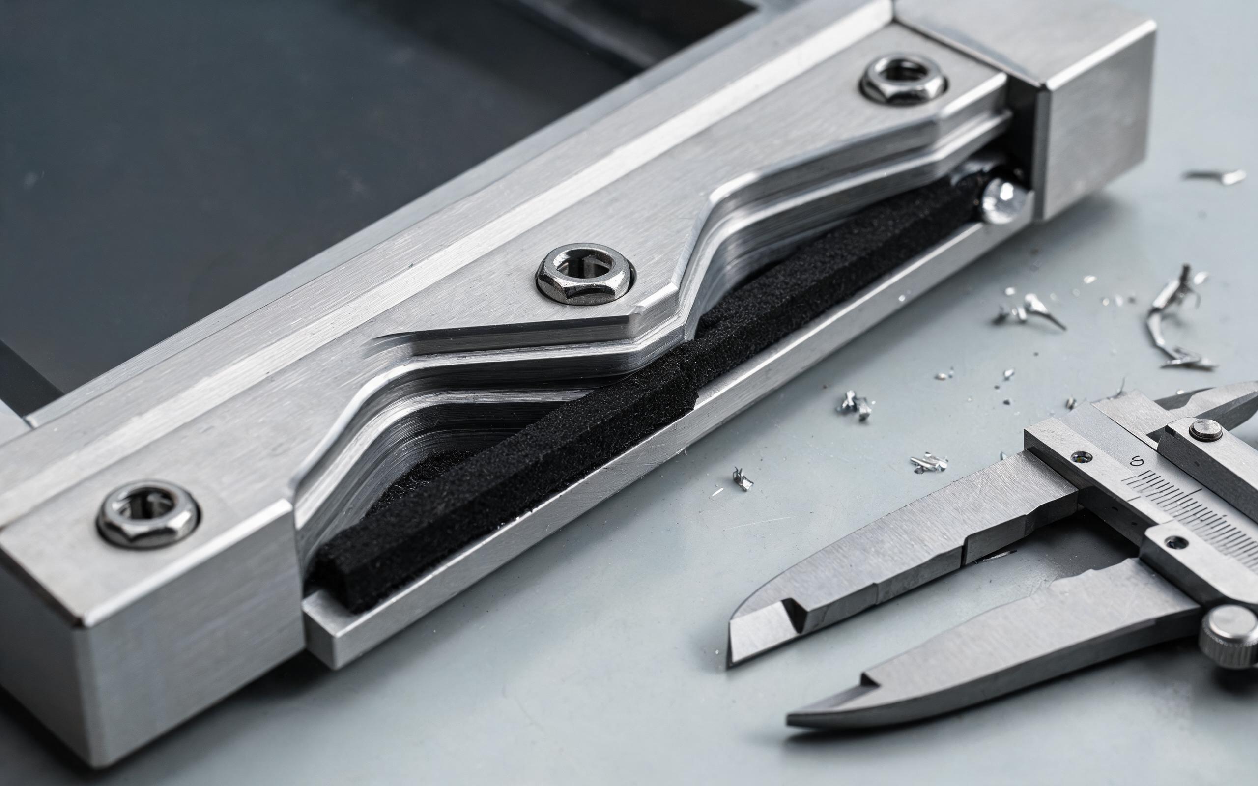 Compressed closed-cell gasket inside a front bezel close-up of an aluminum front bezel with a compressed closed-cell gasket, stainless torque-fastened screws and a deep overlap lip for an industrial touchscreen monitor, assembly workbench, realistic industrial photography, no readable text