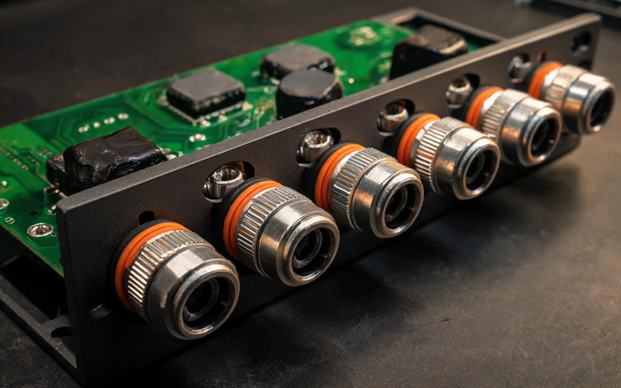 Sealed M12 connectors and coated board macro photograph of M12 circular sealed connectors with O-rings and a conformal-coated circuit board behind the IO panel of an industrial touchscreen monitor, bench lighting, realistic electronics photography, no readable text